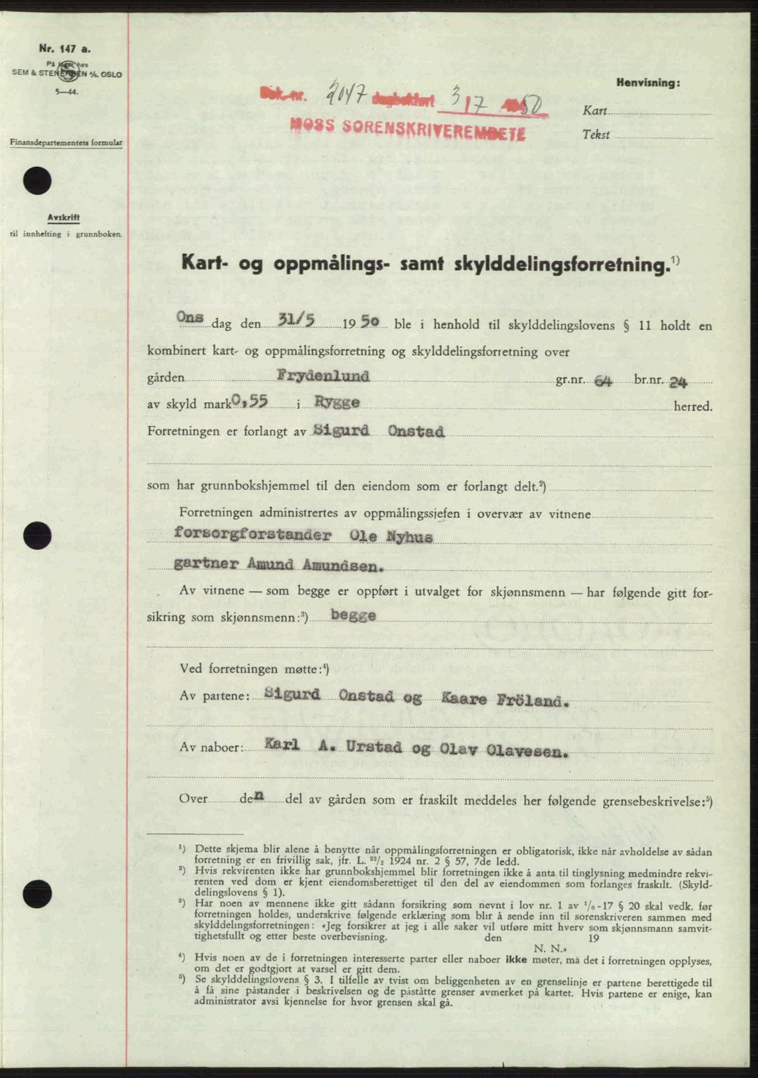 Moss sorenskriveri, SAO/A-10168: Pantebok nr. A26, 1950-1950, Dagboknr: 2047/1950