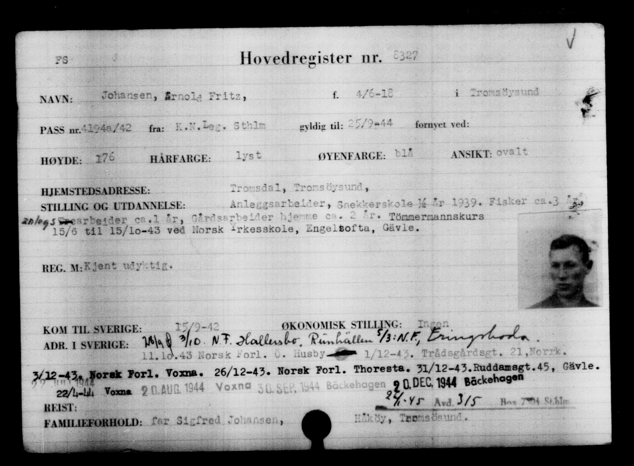 Utenriksstasjonene, Legasjonen i Stockholm, Flyktningkontoret, AV/RA-S-6753/V/Va/L0005: Kjesäterkartoteket, flyktninger med registreringsnr. 6600-9417, 1940-1945, s. 2004
