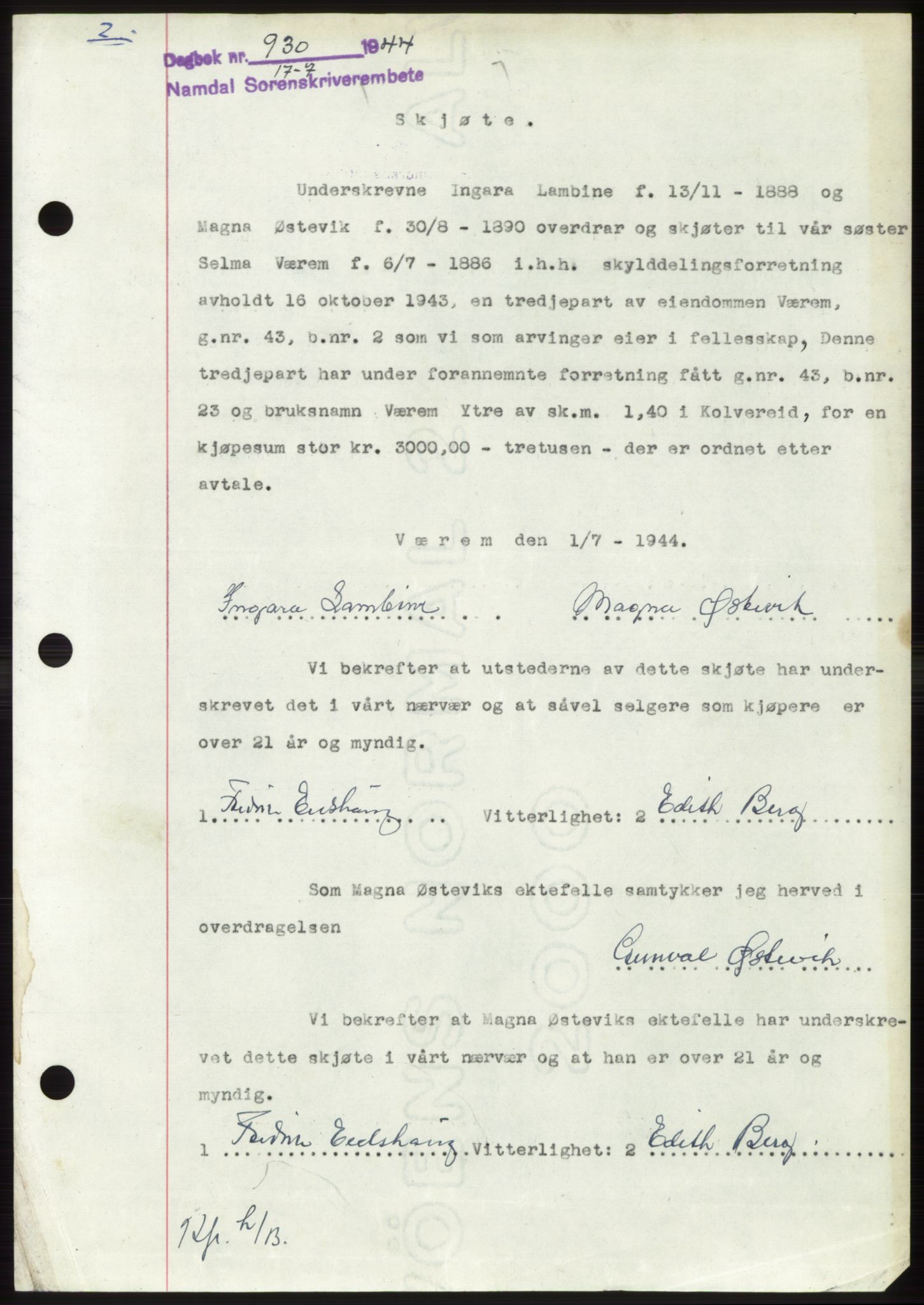 Namdal sorenskriveri, SAT/A-4133/1/2/2C: Pantebok nr. -, 1944-1945, Dagboknr: 930/1944