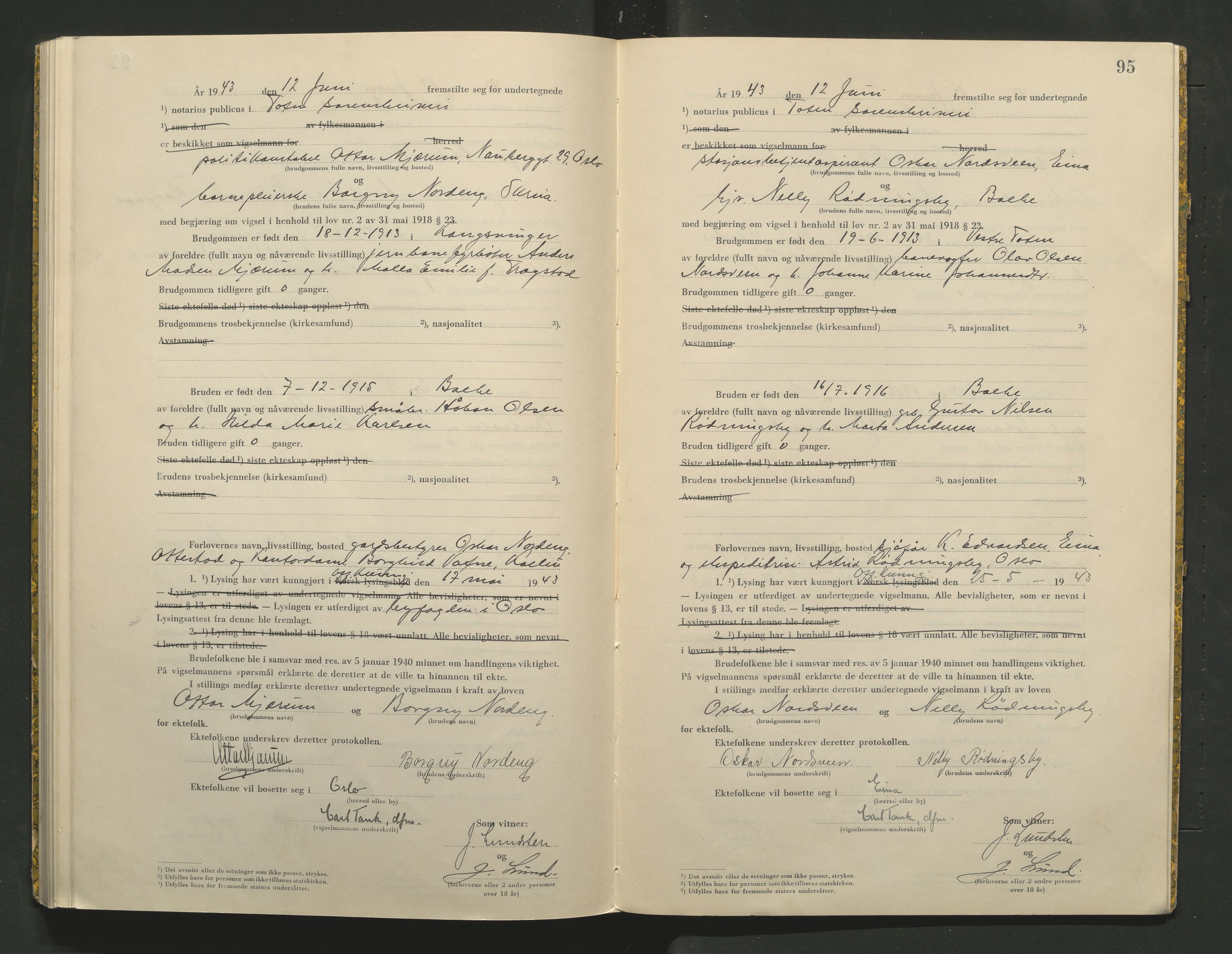 Toten tingrett, AV/SAH-TING-006/L/Lc/L0002: Vigselbok, 1942-1943, s. 95