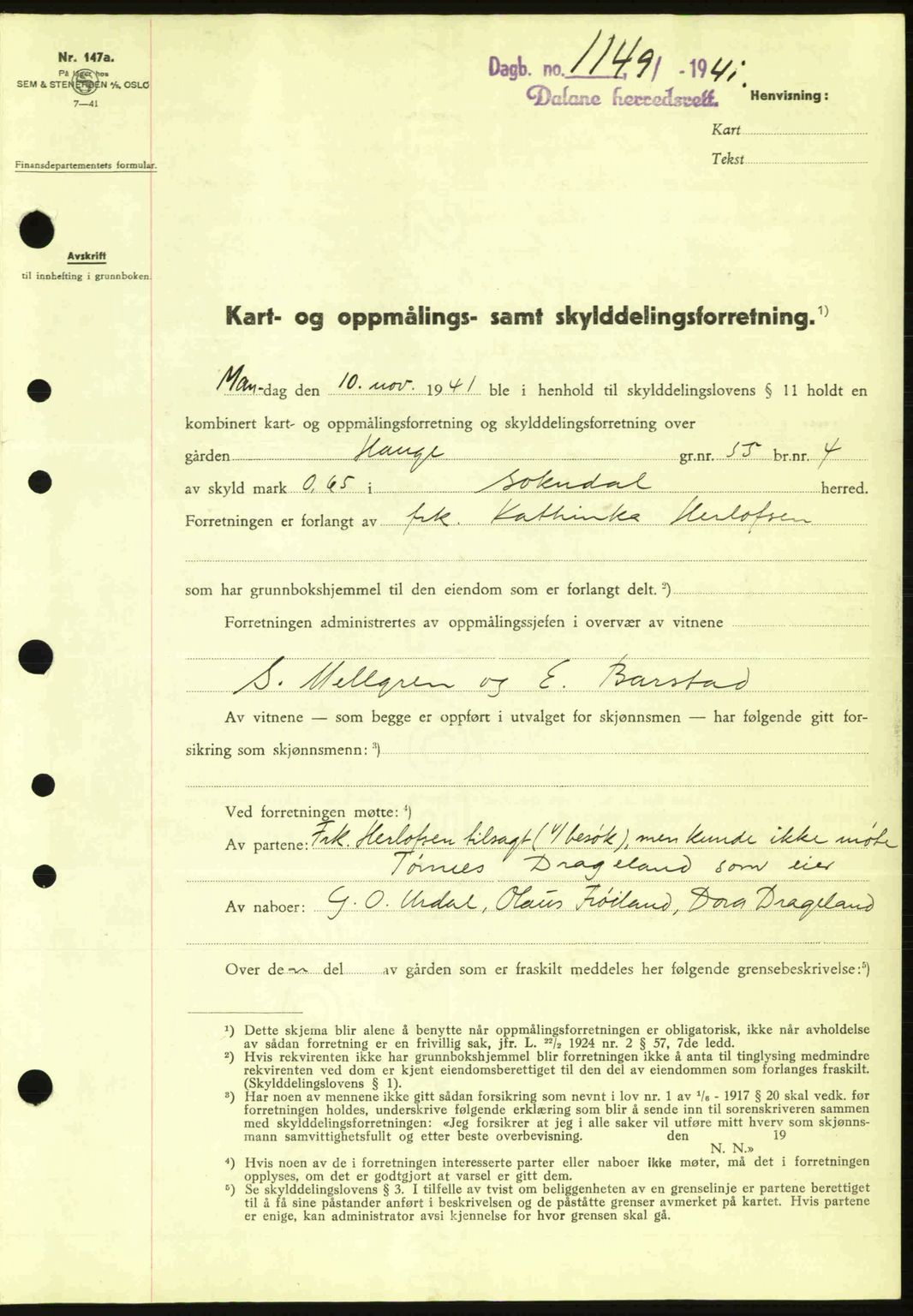 Dalane sorenskriveri, SAST/A-100309/02/G/Gb/L0045: Pantebok nr. A6, 1941-1942, Dagboknr: 1149/1941