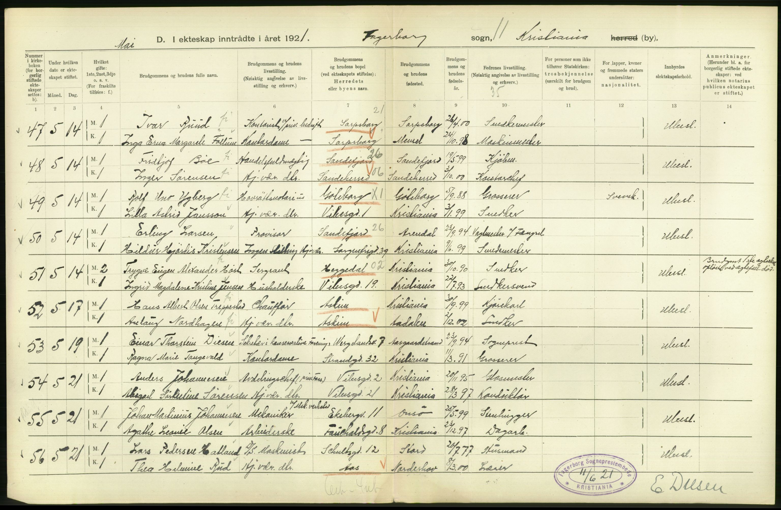 Statistisk sentralbyrå, Sosiodemografiske emner, Befolkning, AV/RA-S-2228/D/Df/Dfc/Dfca/L0011: Kristiania: Gifte, 1921, s. 272