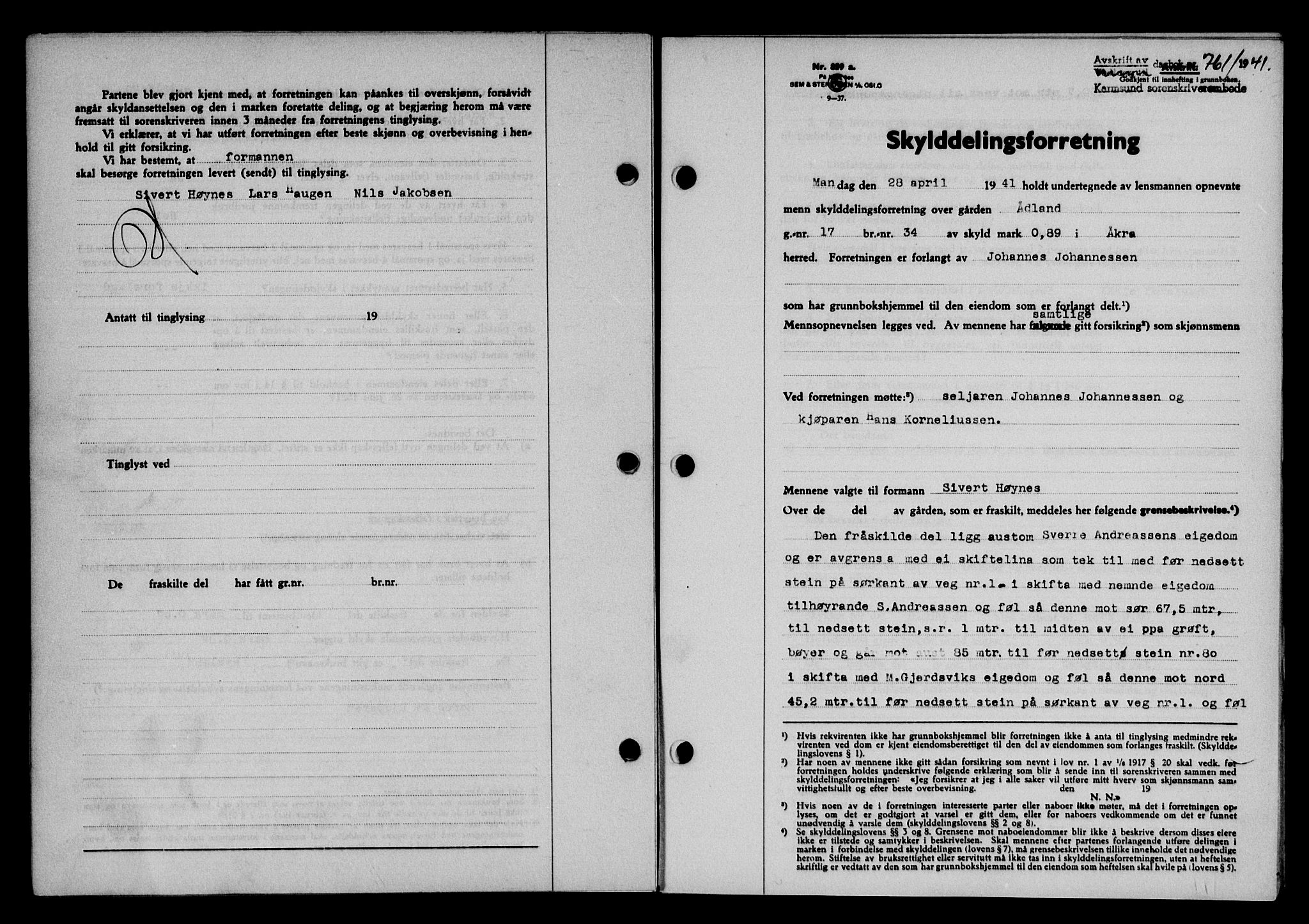 Karmsund sorenskriveri, SAST/A-100311/01/II/IIB/L0075: Pantebok nr. 56A, 1941-1941, Dagboknr: 761/1941