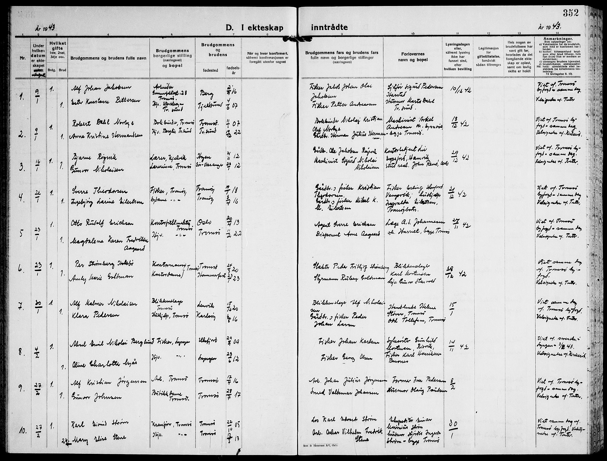 Tromsø sokneprestkontor/stiftsprosti/domprosti, AV/SATØ-S-1343/G/Gb/L0011klokker: Klokkerbok nr. 11, 1942-1944, s. 352