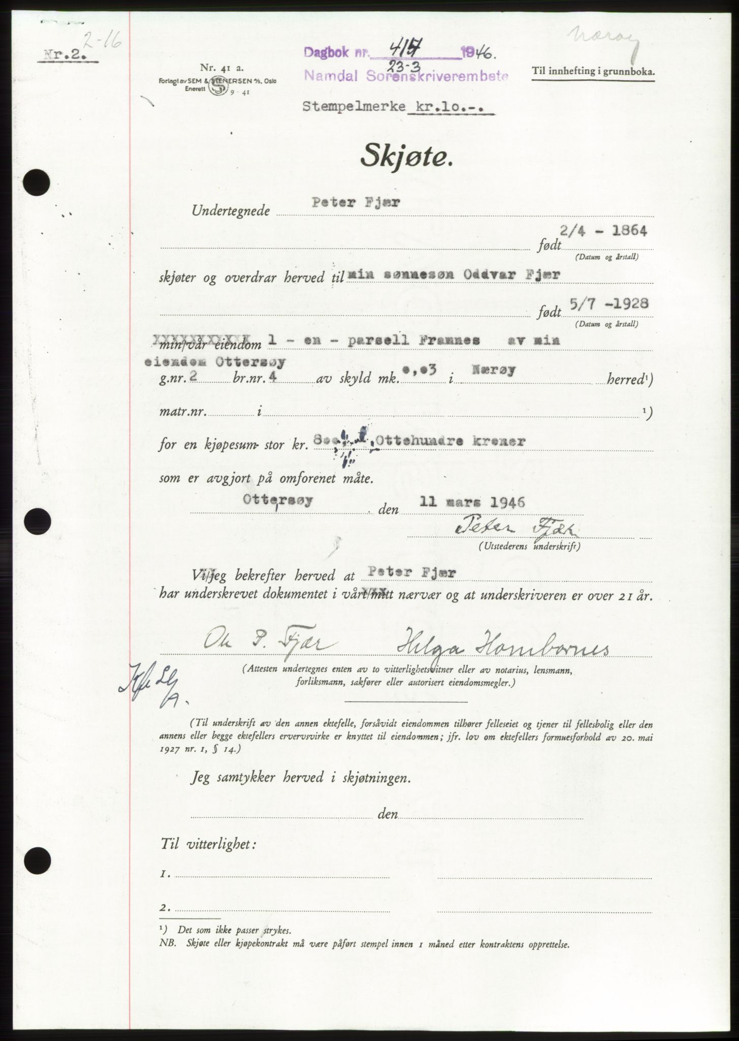 Namdal sorenskriveri, SAT/A-4133/1/2/2C: Pantebok nr. -, 1946-1946, Dagboknr: 414/1946