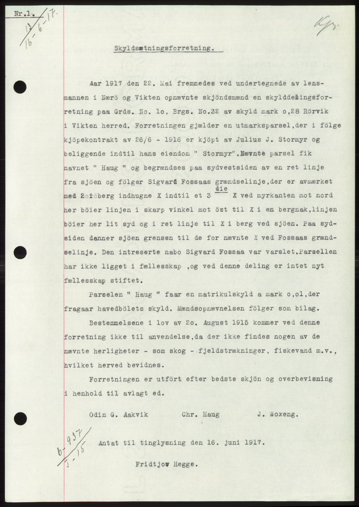 Namdal sorenskriveri, SAT/A-4133/1/2/2C: Pantebok nr. -, 1916-1921, Tingl.dato: 16.06.1917