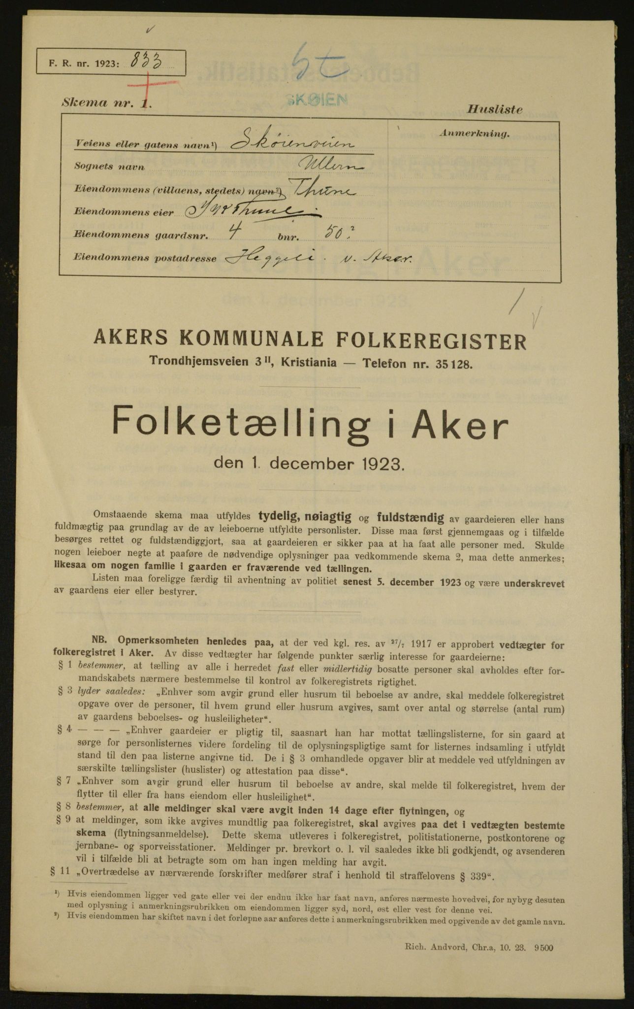 , Kommunal folketelling 1.12.1923 for Aker, 1923, s. 5133