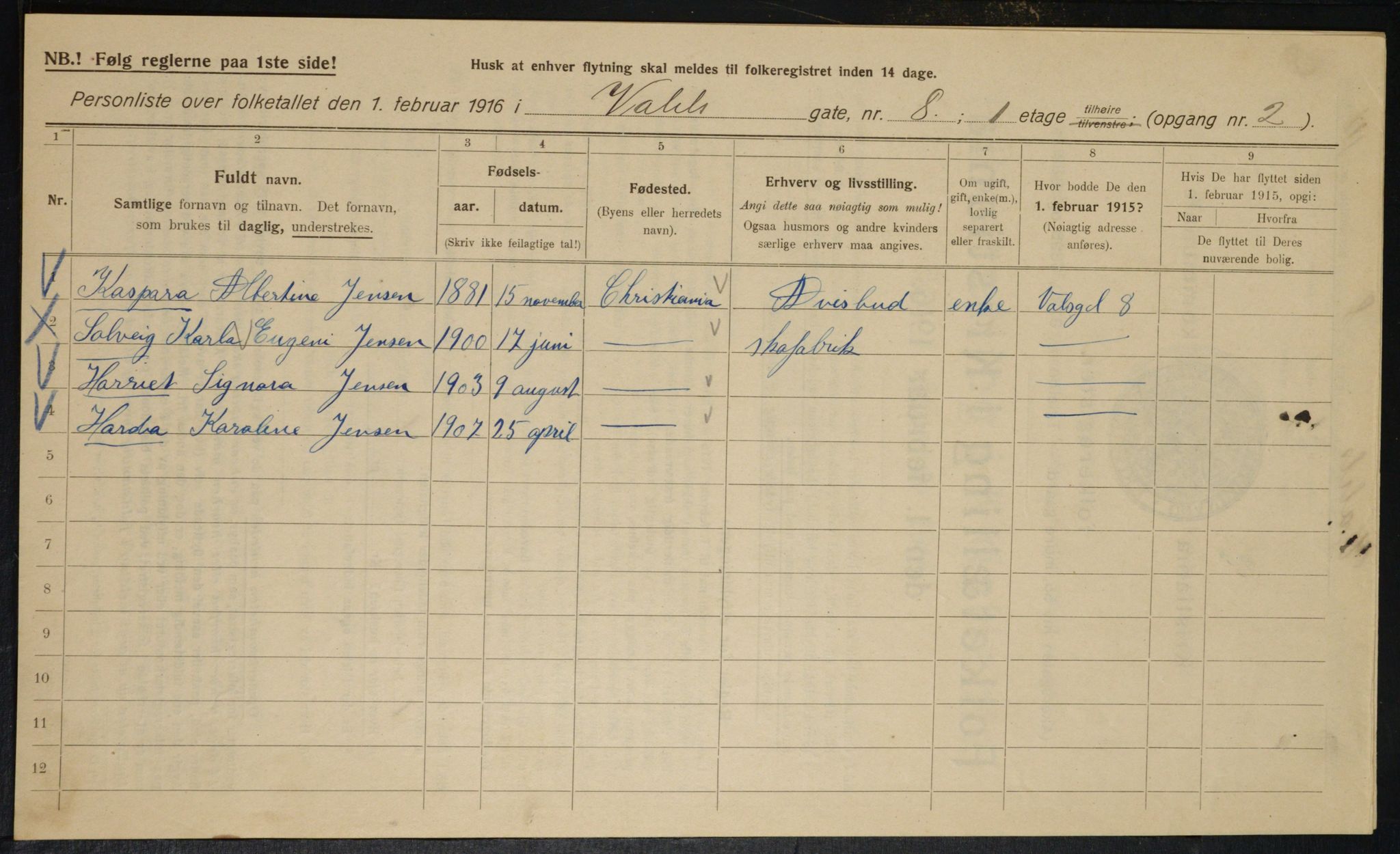 OBA, Kommunal folketelling 1.2.1916 for Kristiania, 1916, s. 125308