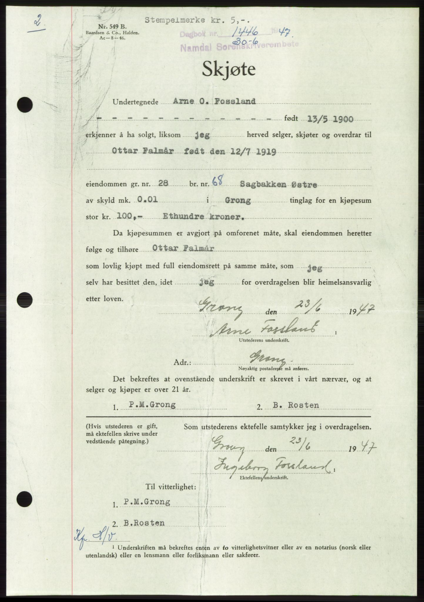 Namdal sorenskriveri, SAT/A-4133/1/2/2C: Pantebok nr. -, 1947-1947, Dagboknr: 1446/1947
