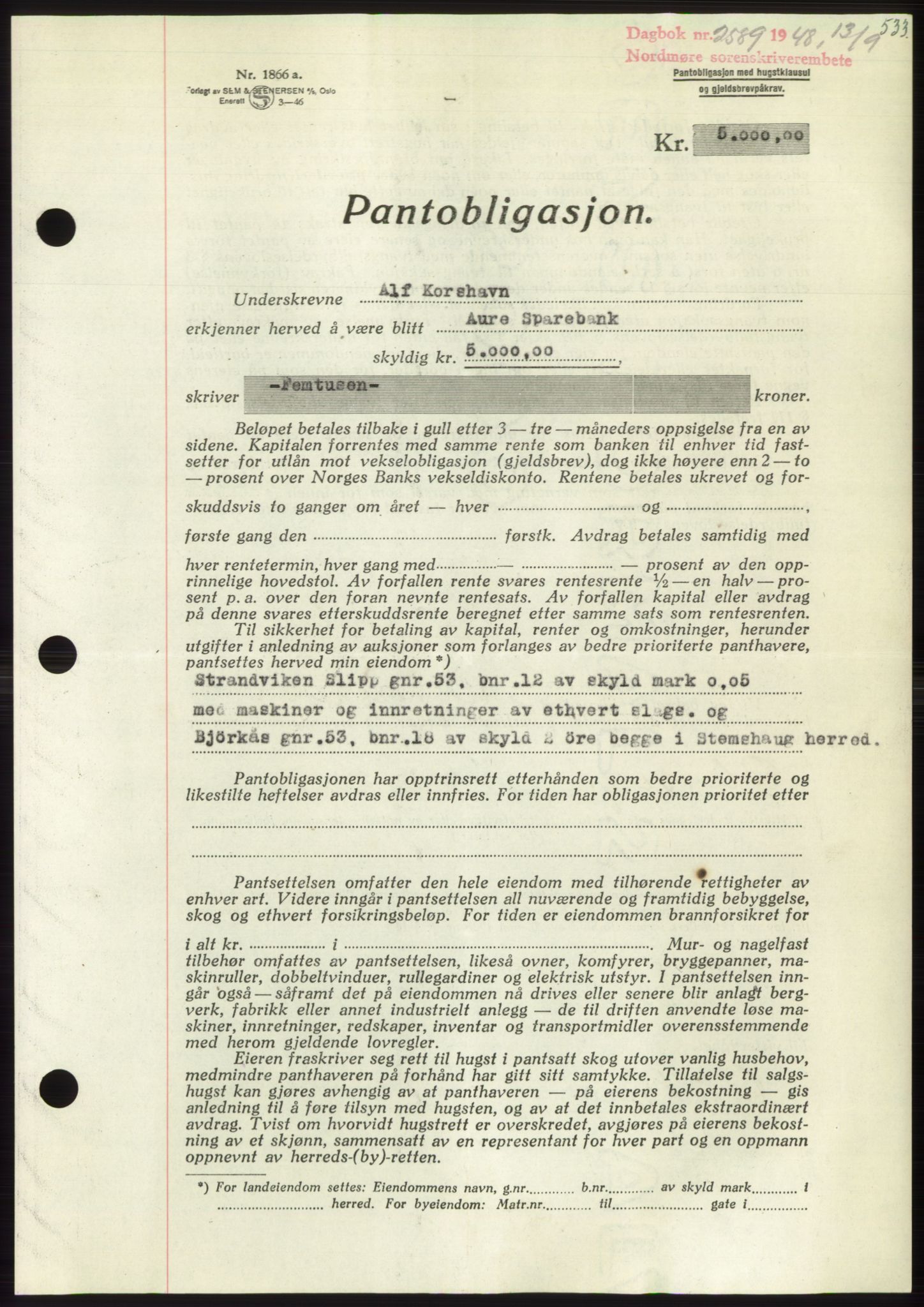 Nordmøre sorenskriveri, SAT/A-4132/1/2/2Ca: Pantebok nr. B99, 1948-1948, Dagboknr: 2589/1948