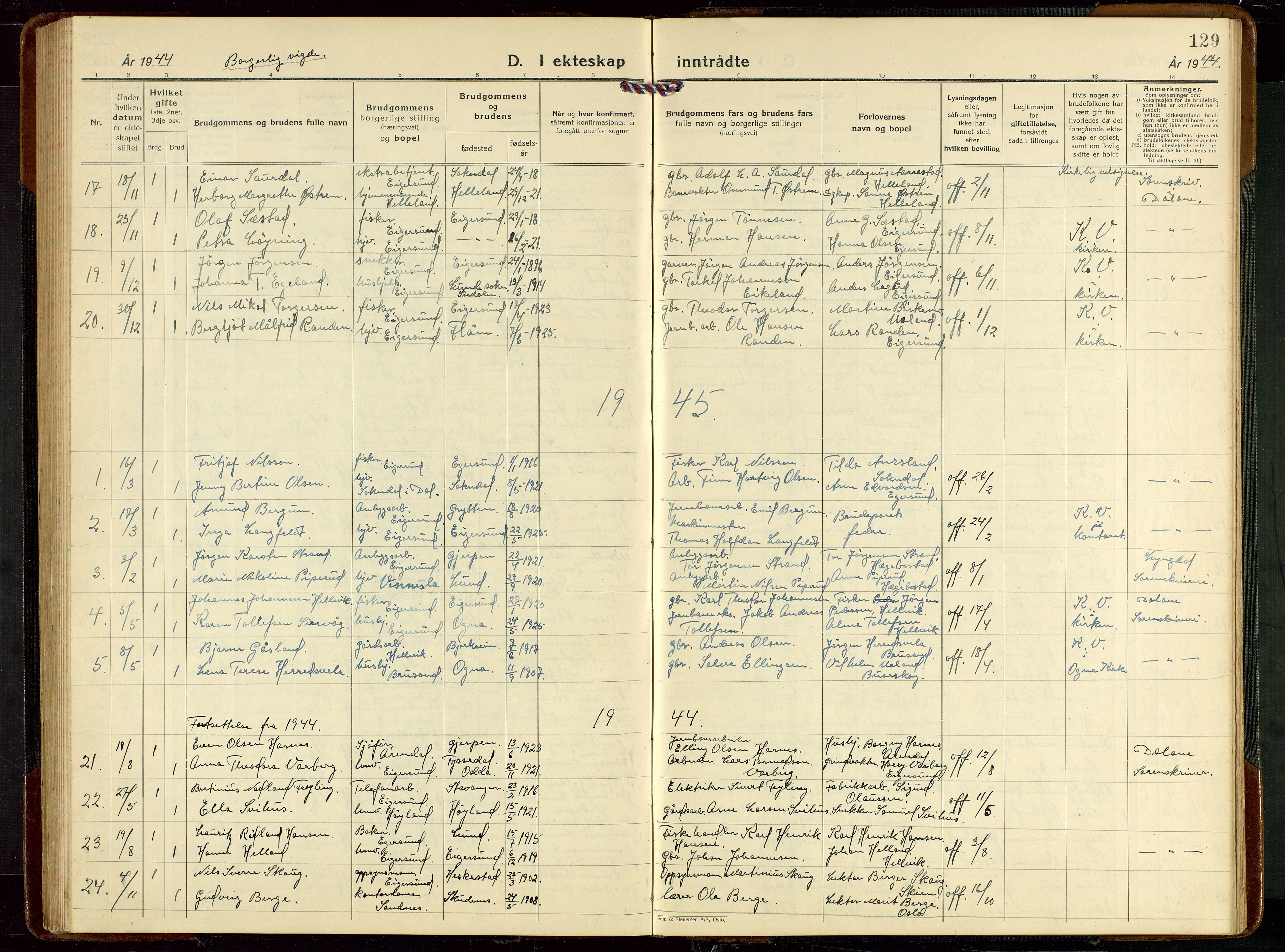 Eigersund sokneprestkontor, AV/SAST-A-101807/S09/L0013: Klokkerbok nr. B 13, 1931-1949, s. 129