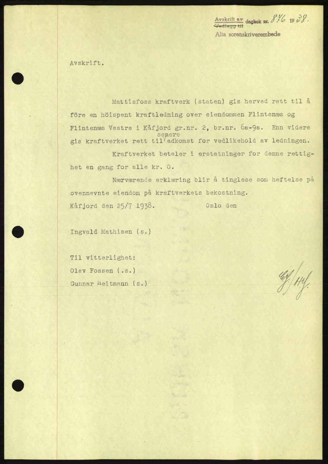Alta fogderi/sorenskriveri, SATØ/SATØ-5/1/K/Kd/L0031pantebok: Pantebok nr. 31, 1938-1939, Dagboknr: 876/1938