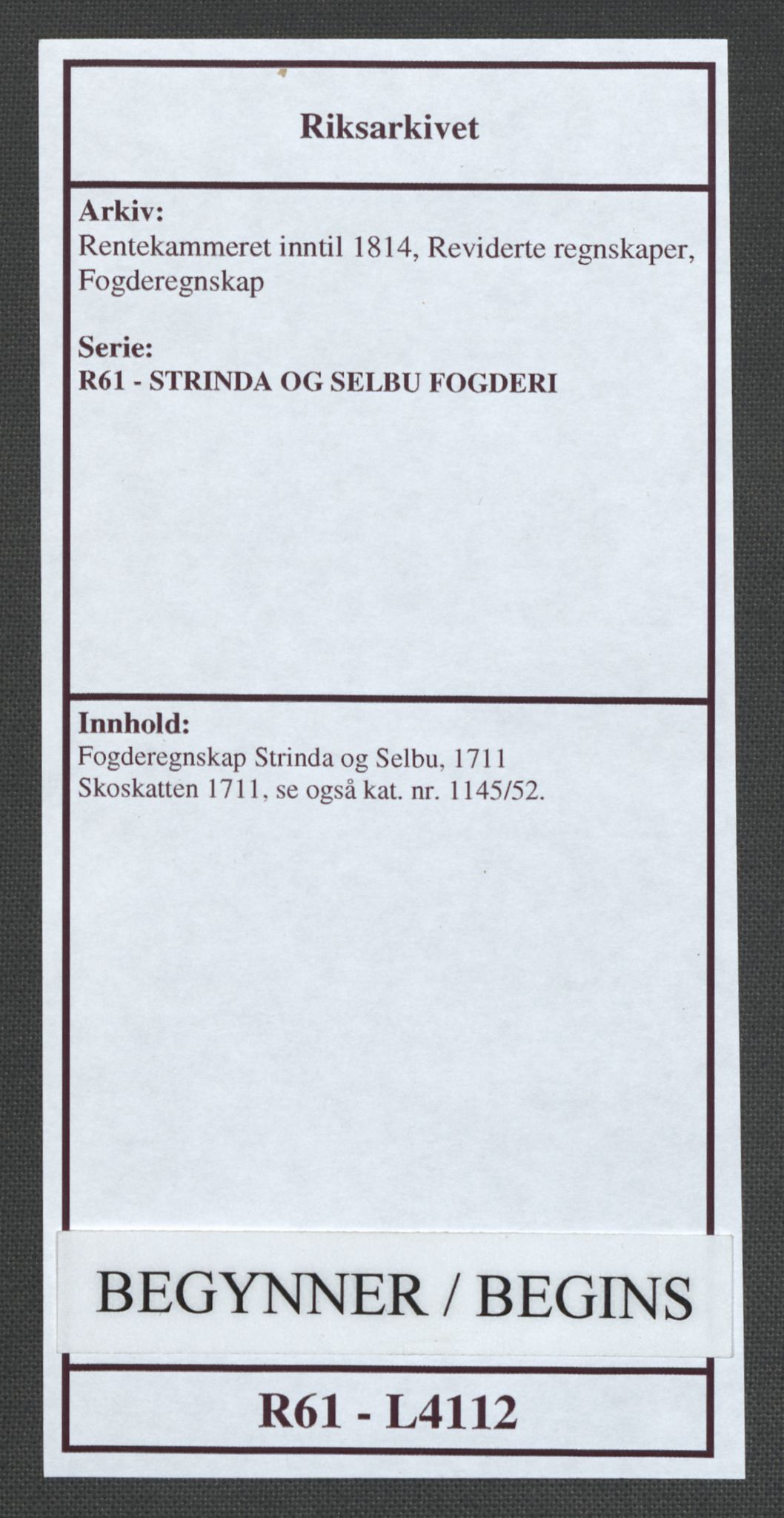 Rentekammeret inntil 1814, Reviderte regnskaper, Fogderegnskap, RA/EA-4092/R61/L4112: Fogderegnskap Strinda og Selbu, 1711, s. 1
