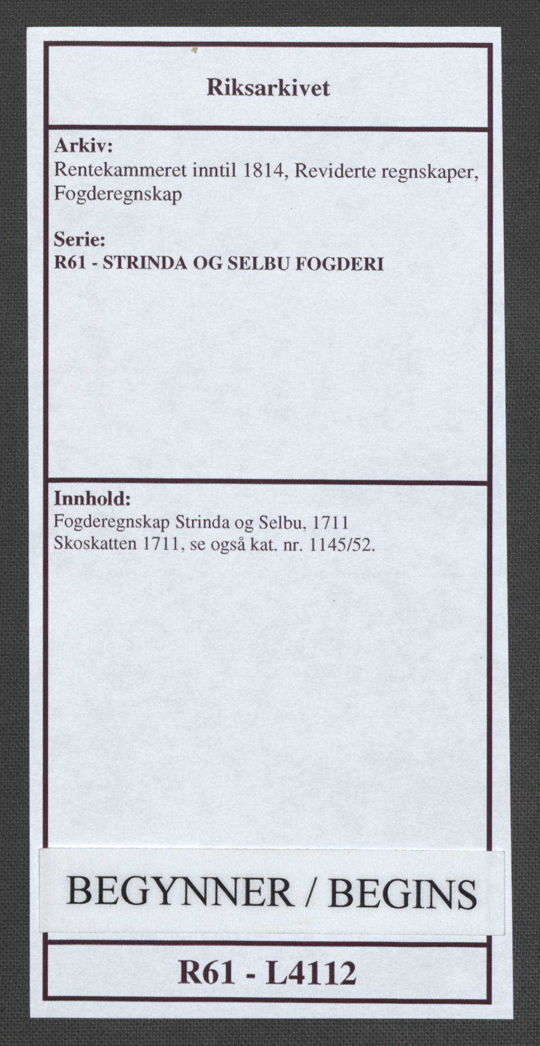 Rentekammeret inntil 1814, Reviderte regnskaper, Fogderegnskap, AV/RA-EA-4092/R61/L4112: Fogderegnskap Strinda og Selbu, 1711, s. 1
