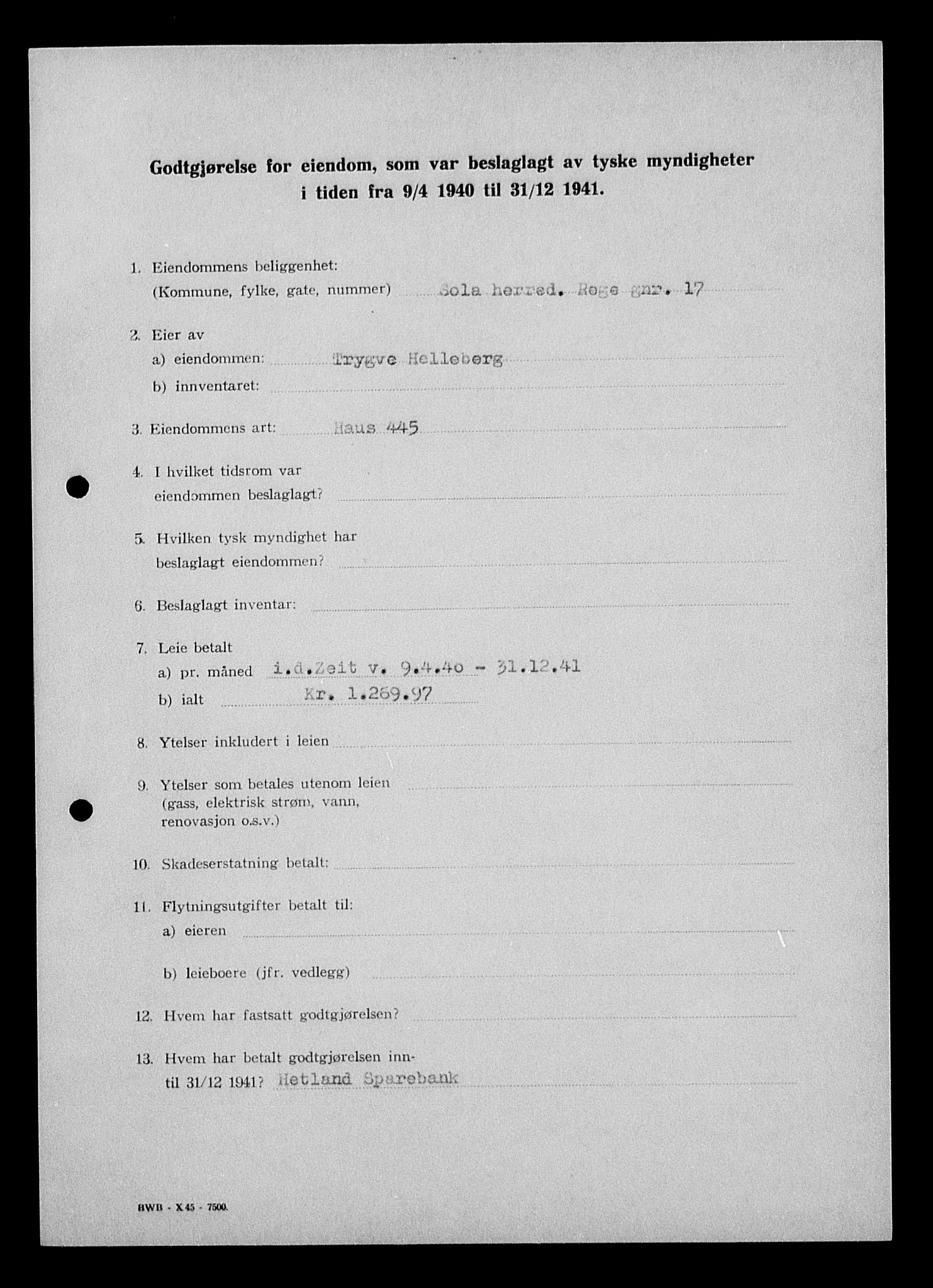 Justisdepartementet, Tilbakeføringskontoret for inndratte formuer, AV/RA-S-1564/I/L1014: Godtgjørelse for beslaglagt eiendom, 1940-1941, s. 319