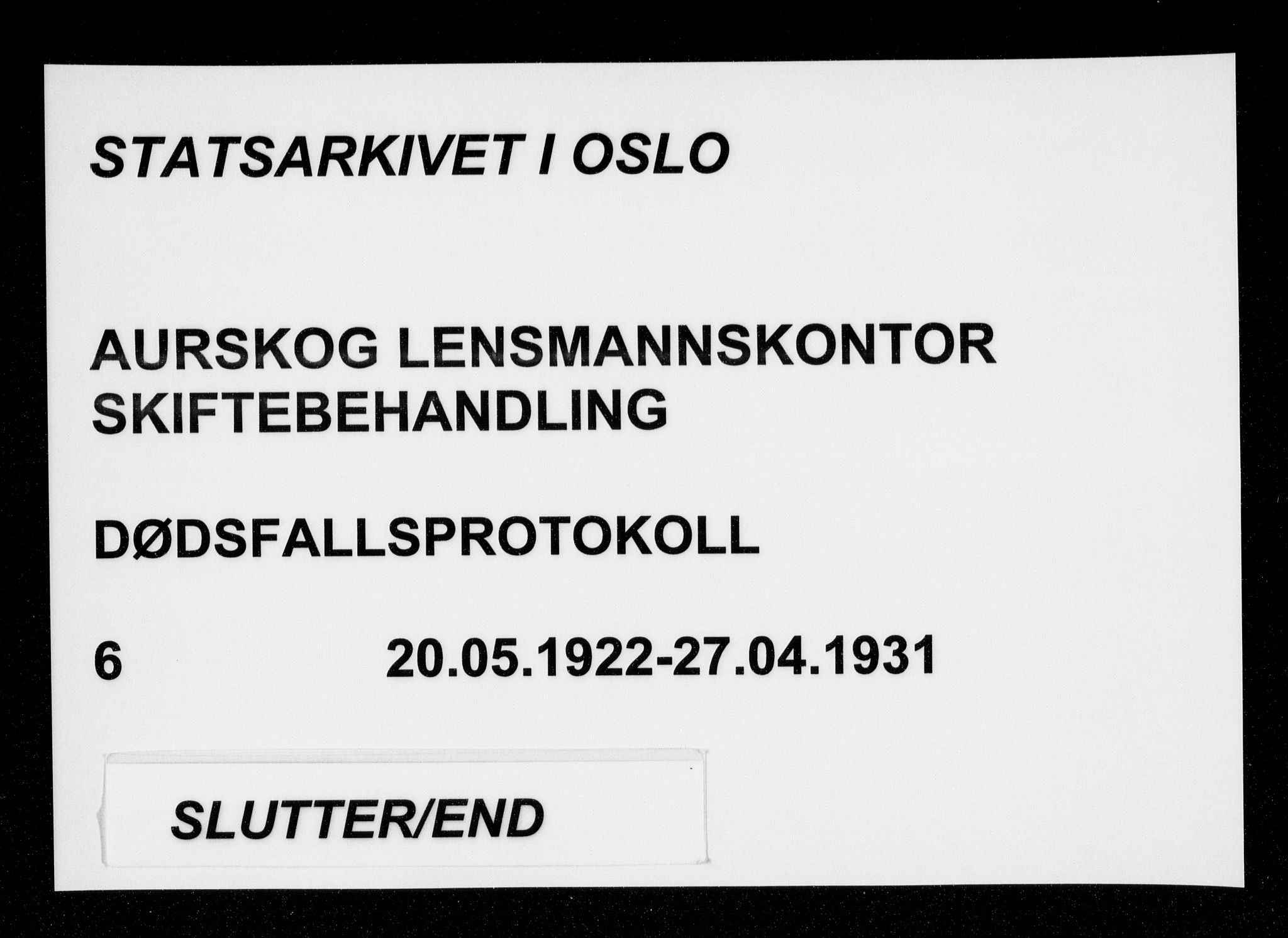 Aurskog lensmannskontor, SAO/A-10350/H/Ha/Haa/L0006: Dødsfallsprotokoll, 1922-1931