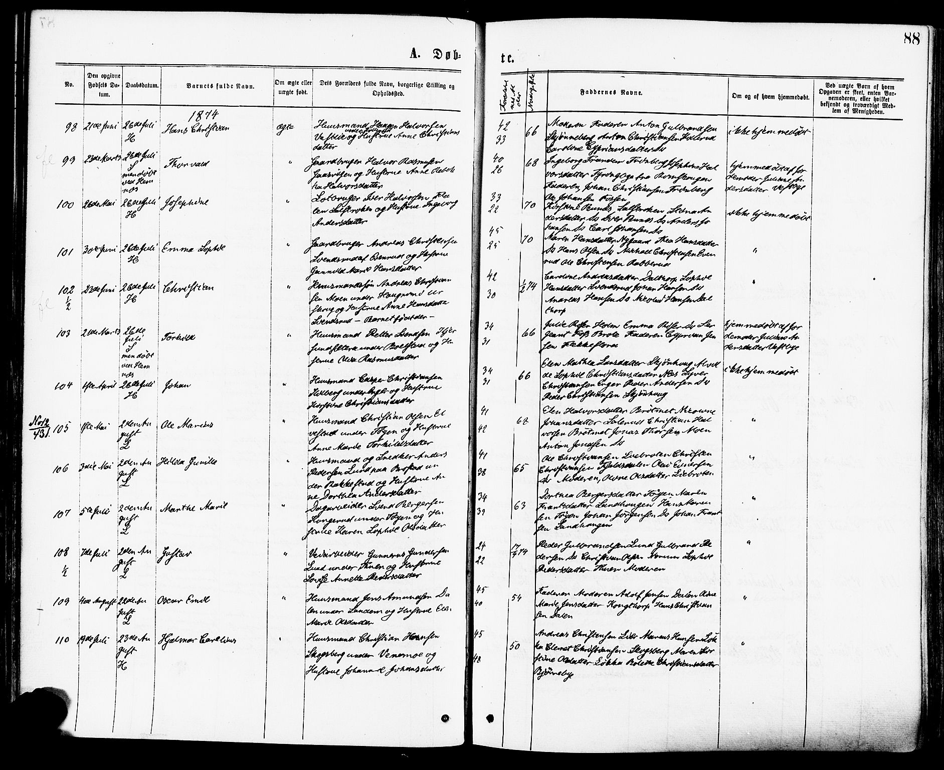 Høland prestekontor Kirkebøker, AV/SAO-A-10346a/F/Fa/L0012.a: Ministerialbok nr. I 12A, 1869-1879, s. 88