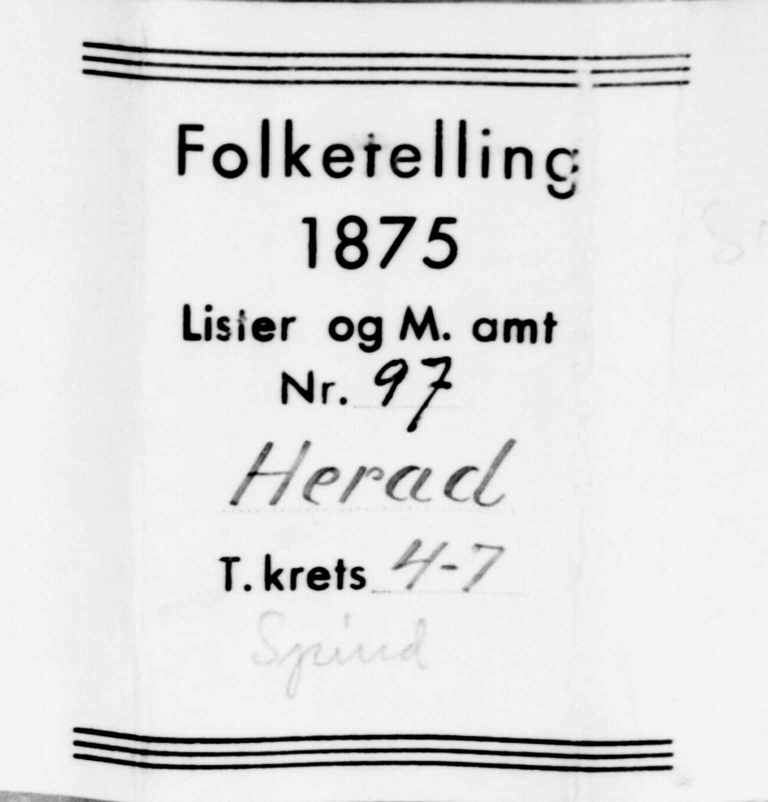 SAK, Folketelling 1875 for 1039P Herad prestegjeld, 1875, s. 441