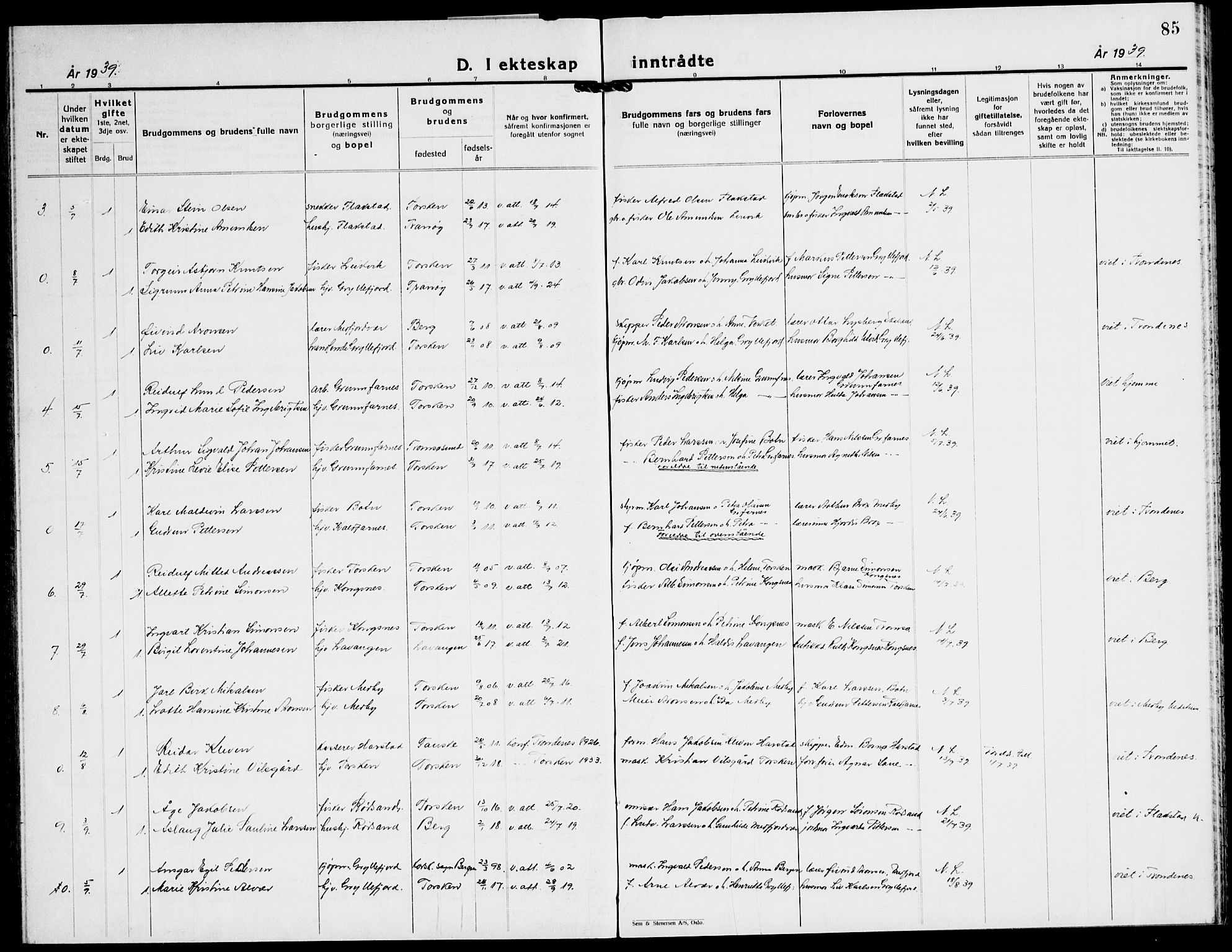 Berg sokneprestkontor, AV/SATØ-S-1318/G/Ga/Gab/L0015klokker: Klokkerbok nr. 15, 1934-1945, s. 85