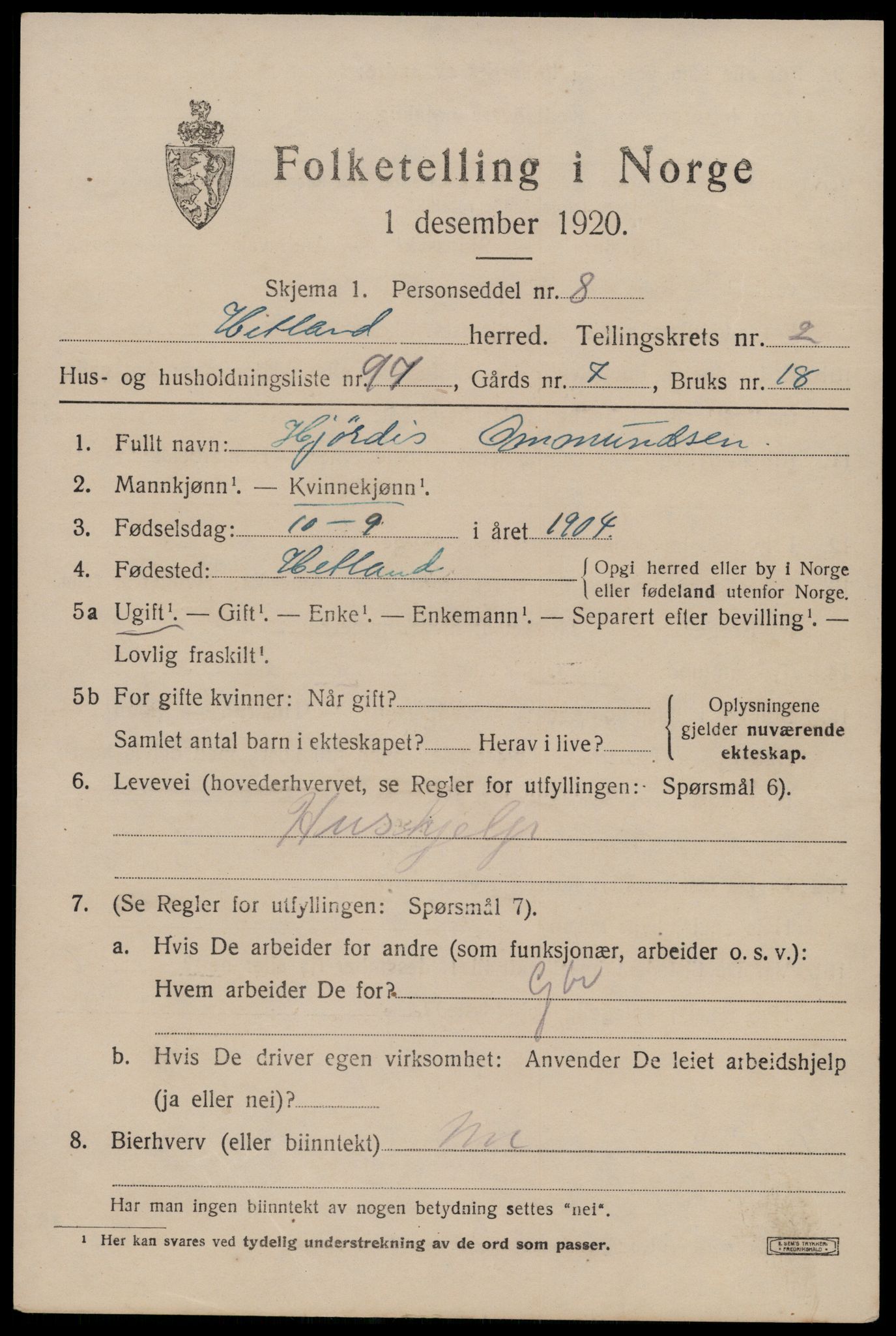 SAST, Folketelling 1920 for 1126 Hetland herred, 1920, s. 5203