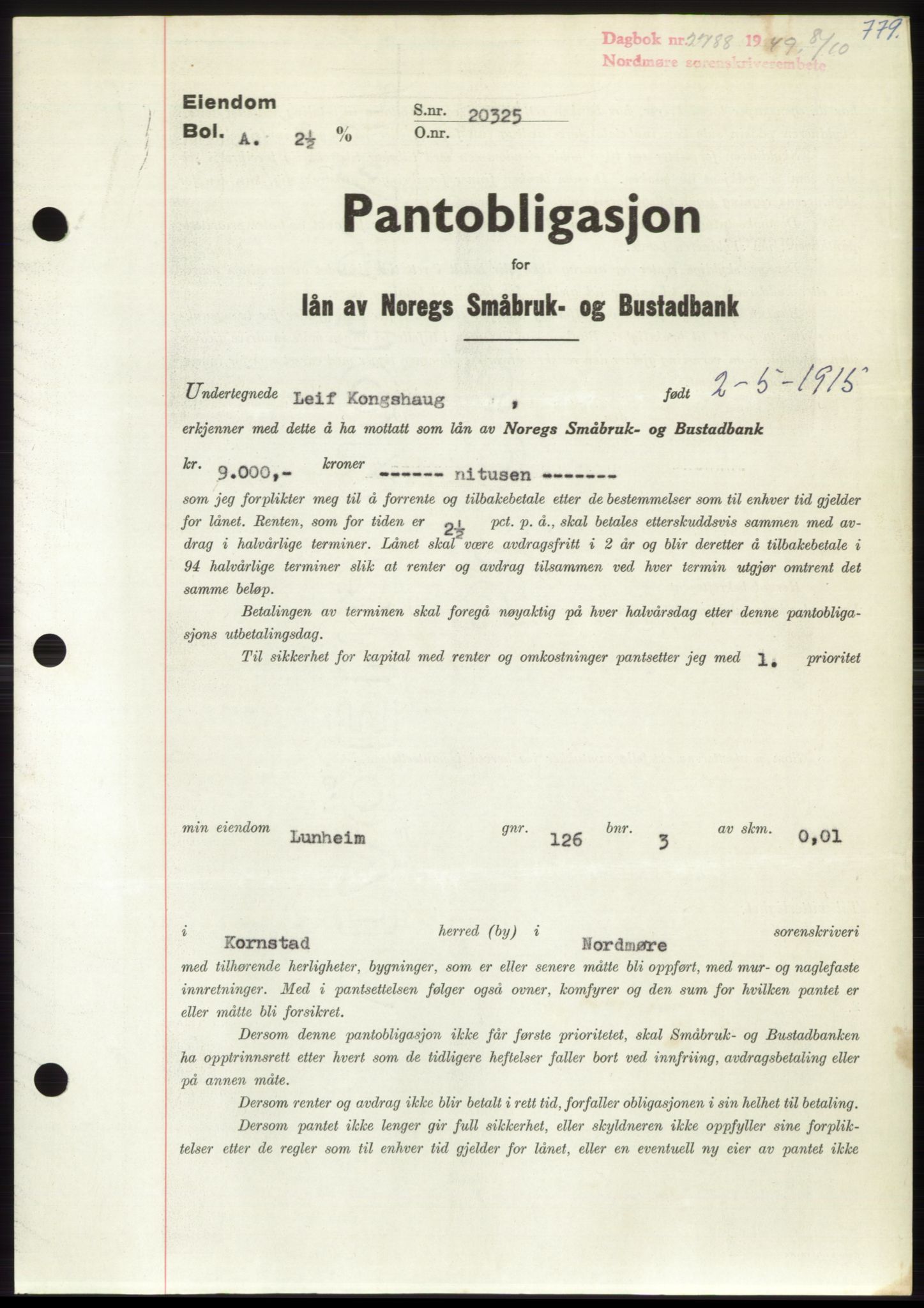 Nordmøre sorenskriveri, SAT/A-4132/1/2/2Ca: Pantebok nr. B102, 1949-1949, Dagboknr: 2788/1949