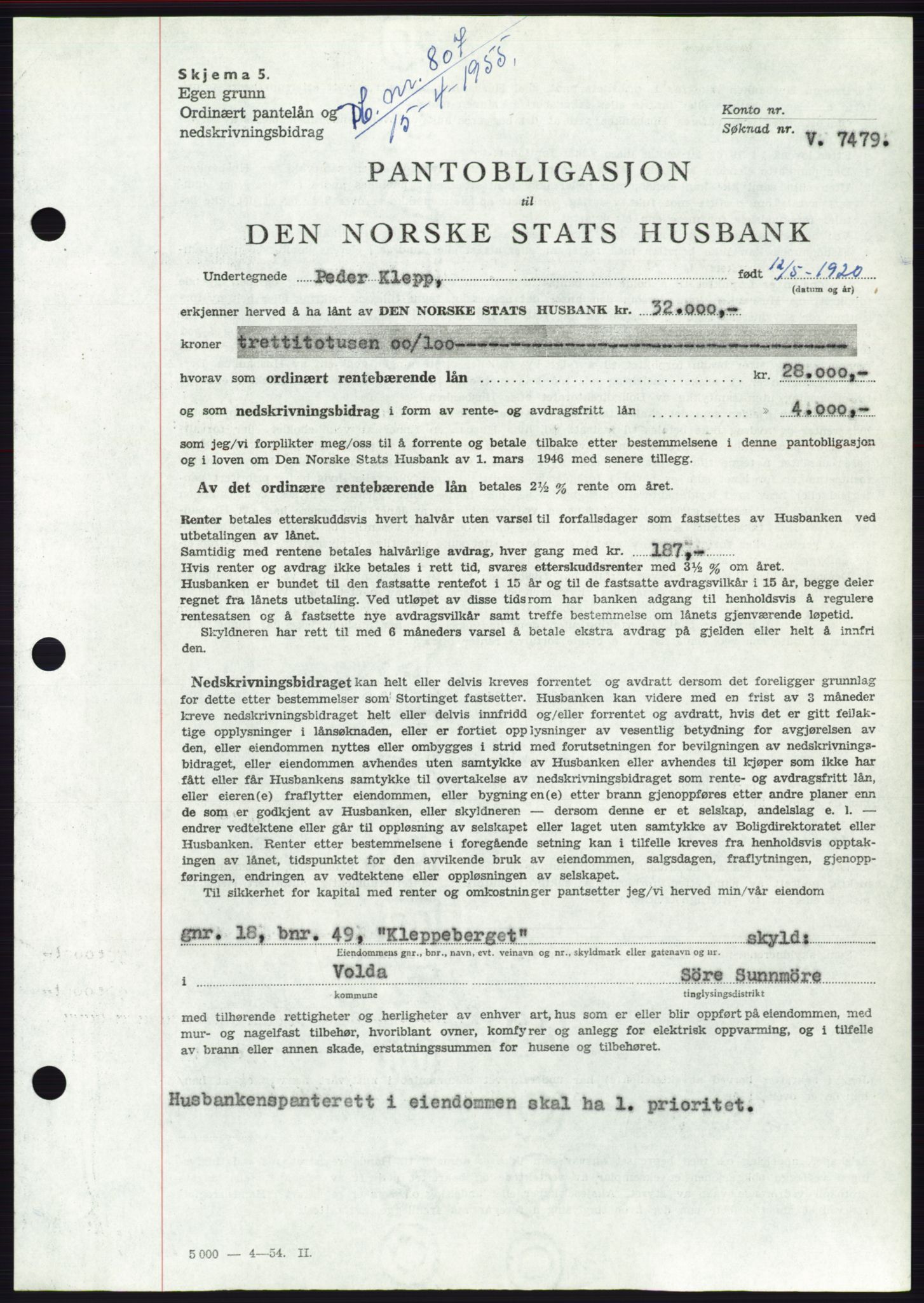 Søre Sunnmøre sorenskriveri, AV/SAT-A-4122/1/2/2C/L0126: Pantebok nr. 14B, 1954-1955, Dagboknr: 807/1955