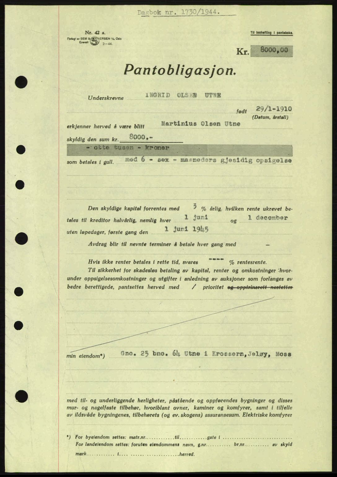 Moss sorenskriveri, SAO/A-10168: Pantebok nr. B13, 1943-1945, Dagboknr: 1730/1944