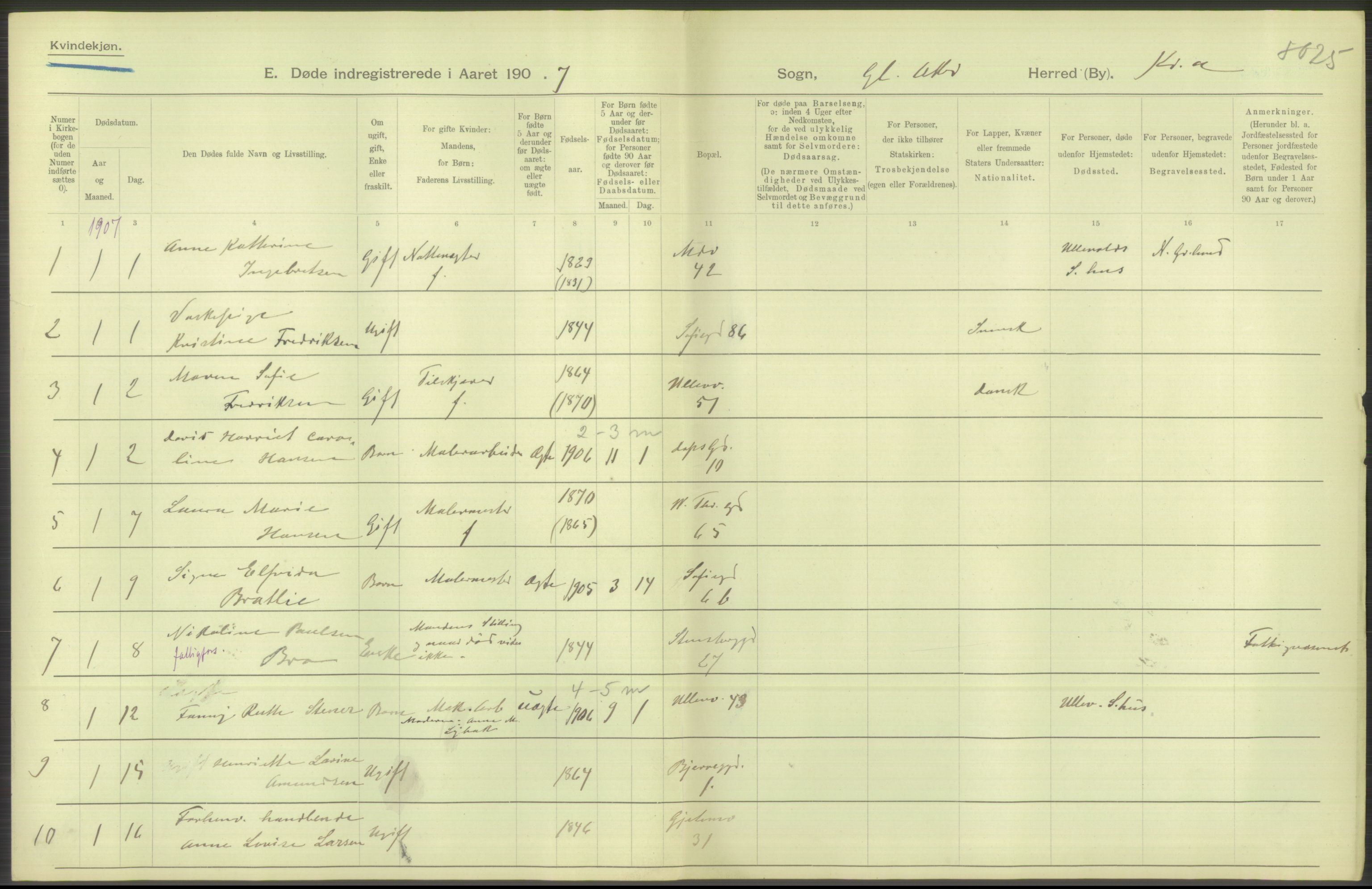 Statistisk sentralbyrå, Sosiodemografiske emner, Befolkning, AV/RA-S-2228/D/Df/Dfa/Dfae/L0009: Kristiania: Døde, 1907, s. 262