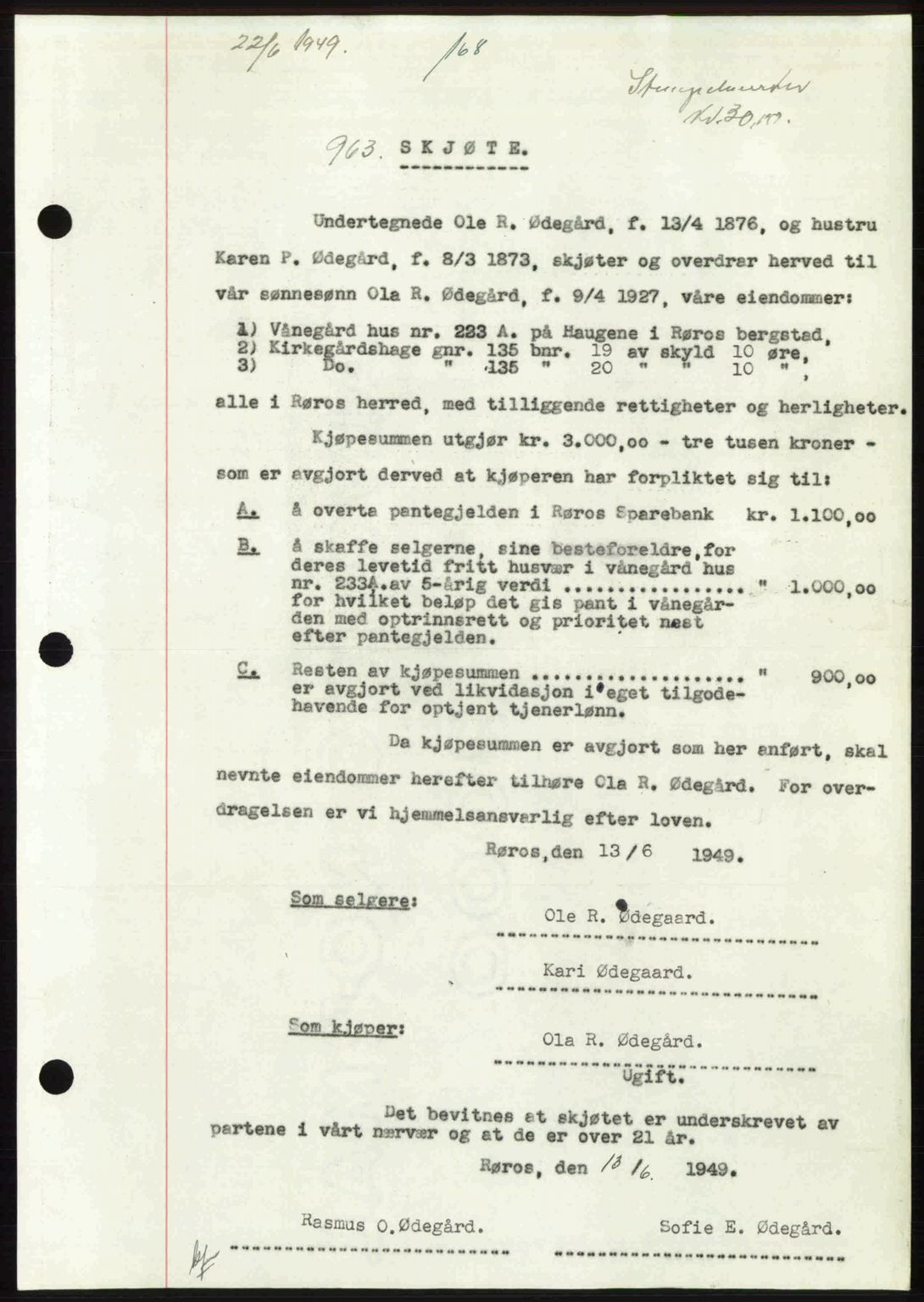 Gauldal sorenskriveri, SAT/A-0014/1/2/2C: Pantebok nr. A8, 1949-1949, Dagboknr: 963/1949