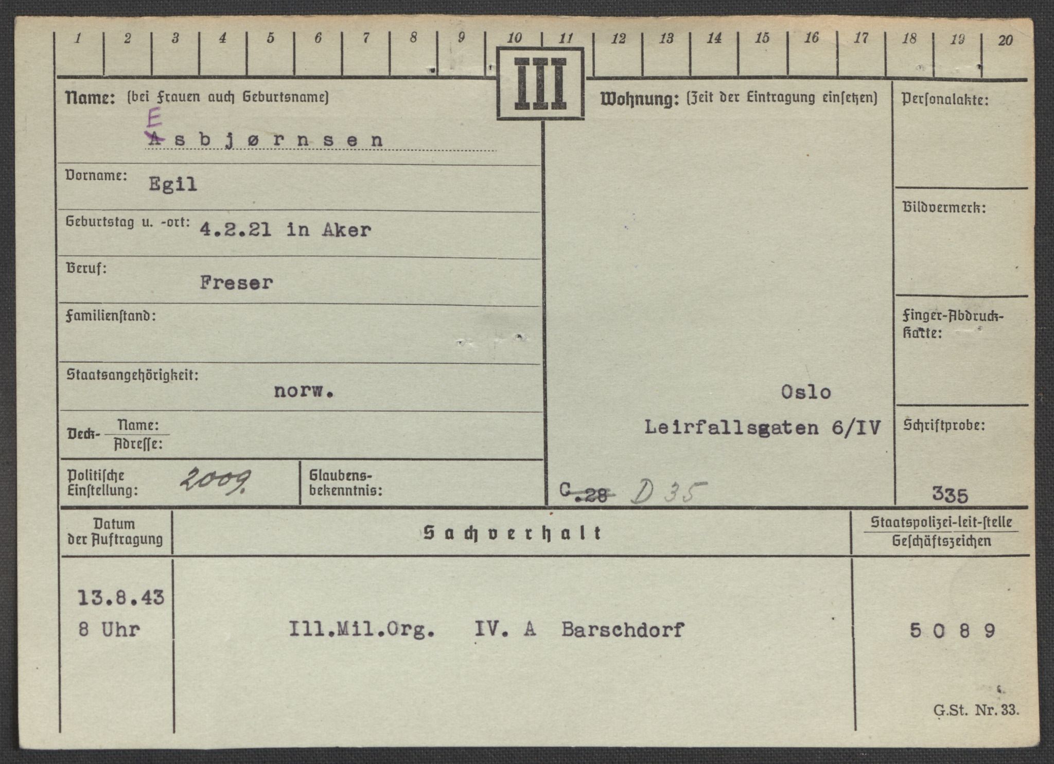 Befehlshaber der Sicherheitspolizei und des SD, RA/RAFA-5969/E/Ea/Eaa/L0003: Register over norske fanger i Møllergata 19: Eng-Hag, 1940-1945, s. 158