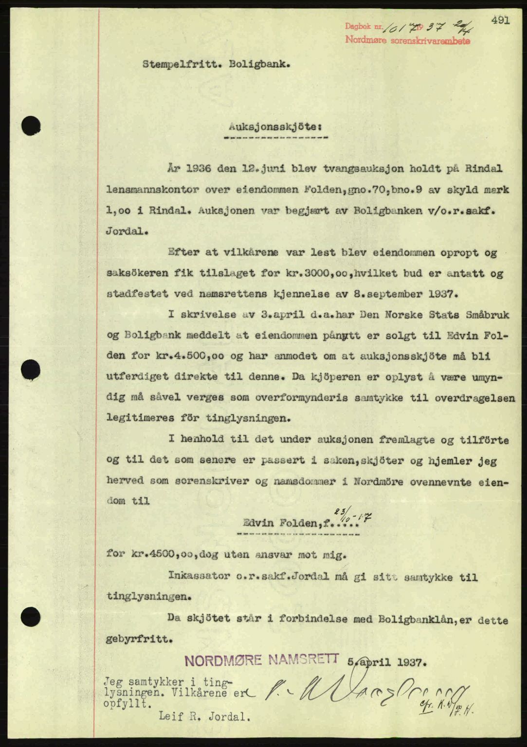 Nordmøre sorenskriveri, SAT/A-4132/1/2/2Ca: Pantebok nr. A81, 1937-1937, Dagboknr: 1017/1937