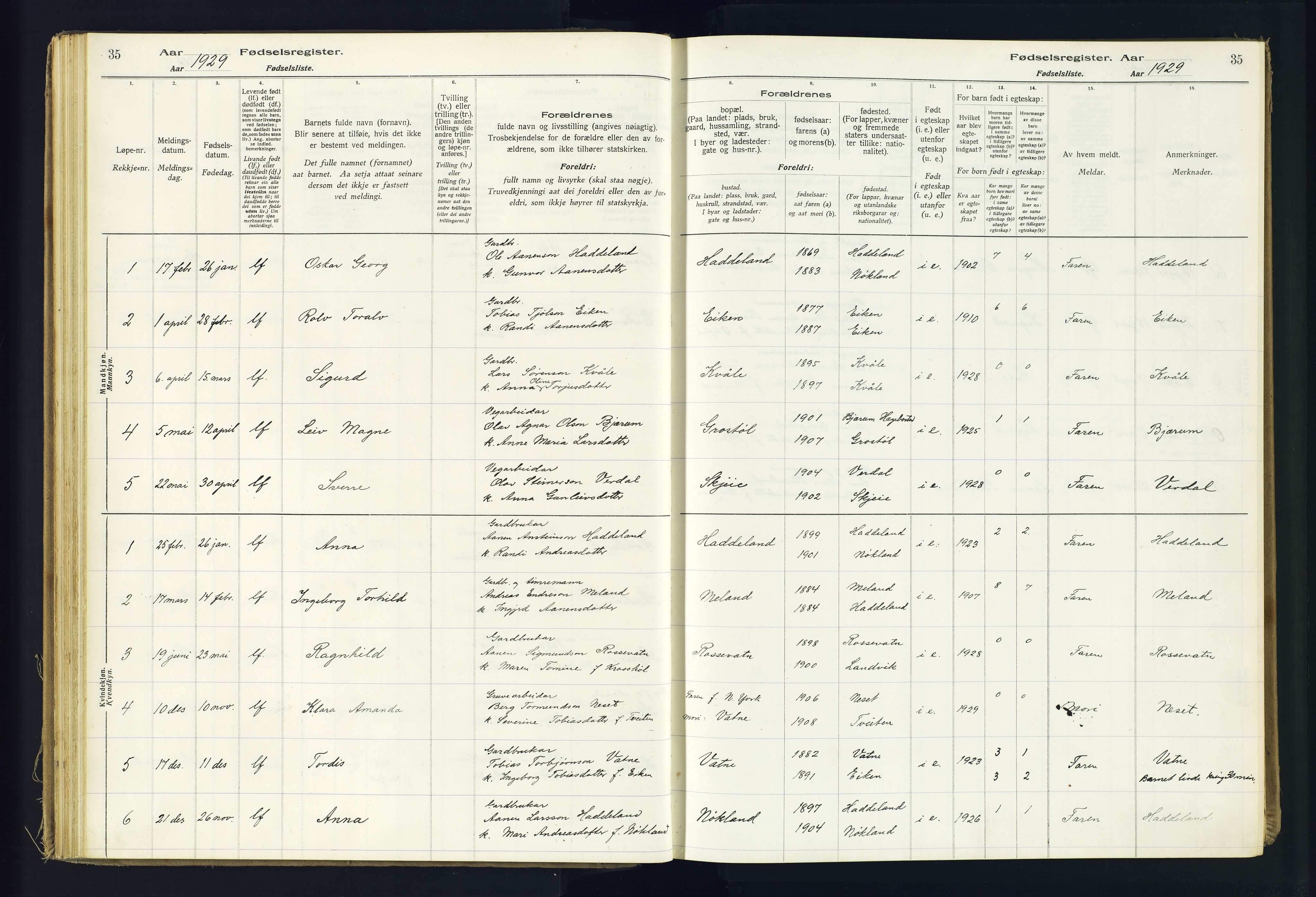 Hægebostad sokneprestkontor, SAK/1111-0024/J/Ja/L0002: Fødselsregister nr. II.6.8, 1916-1982, s. 35