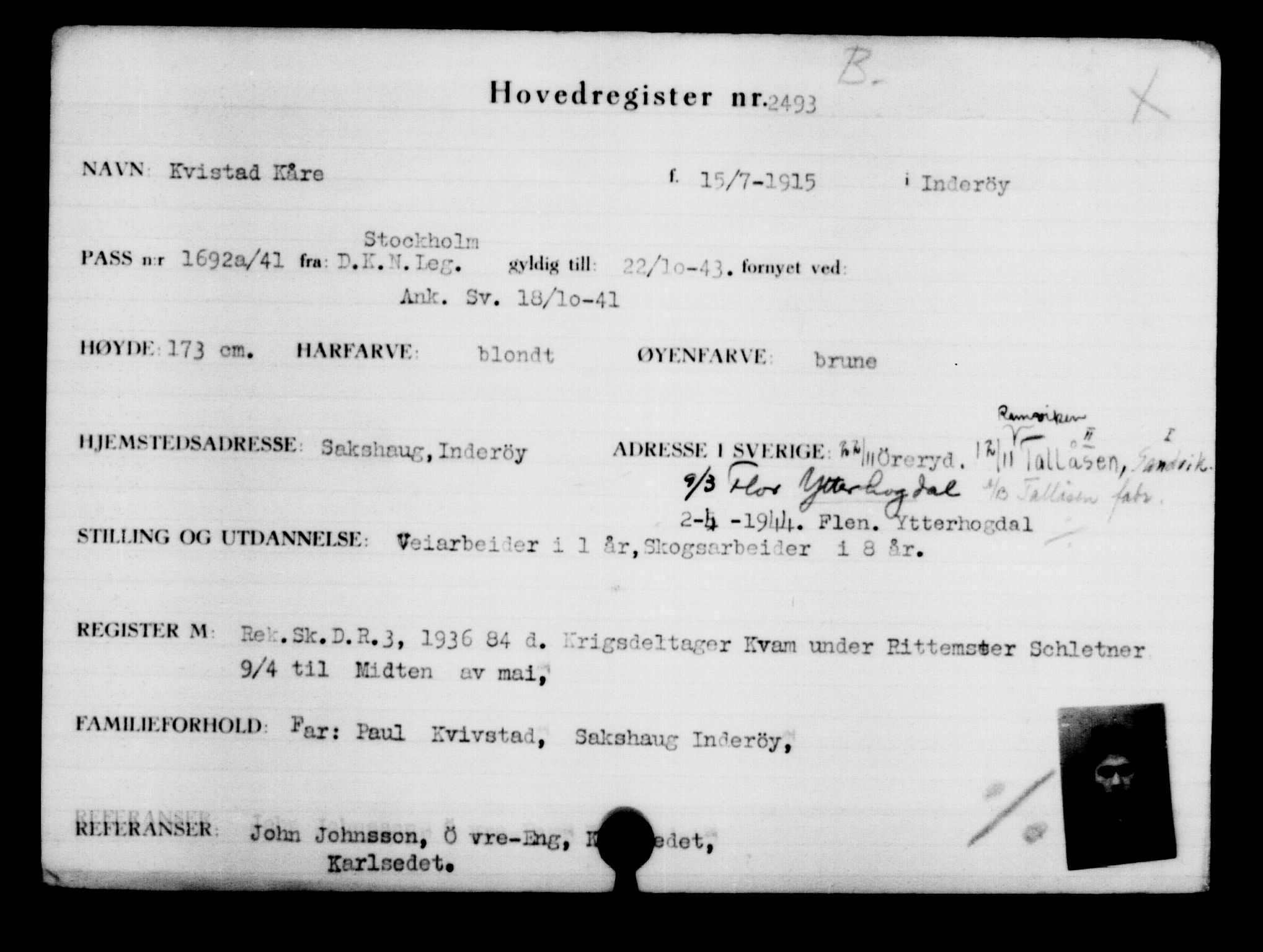 Den Kgl. Norske Legasjons Flyktningskontor, RA/S-6753/V/Va/L0003: Kjesäterkartoteket.  Flyktningenr. 2001-3495, 1940-1945, s. 629