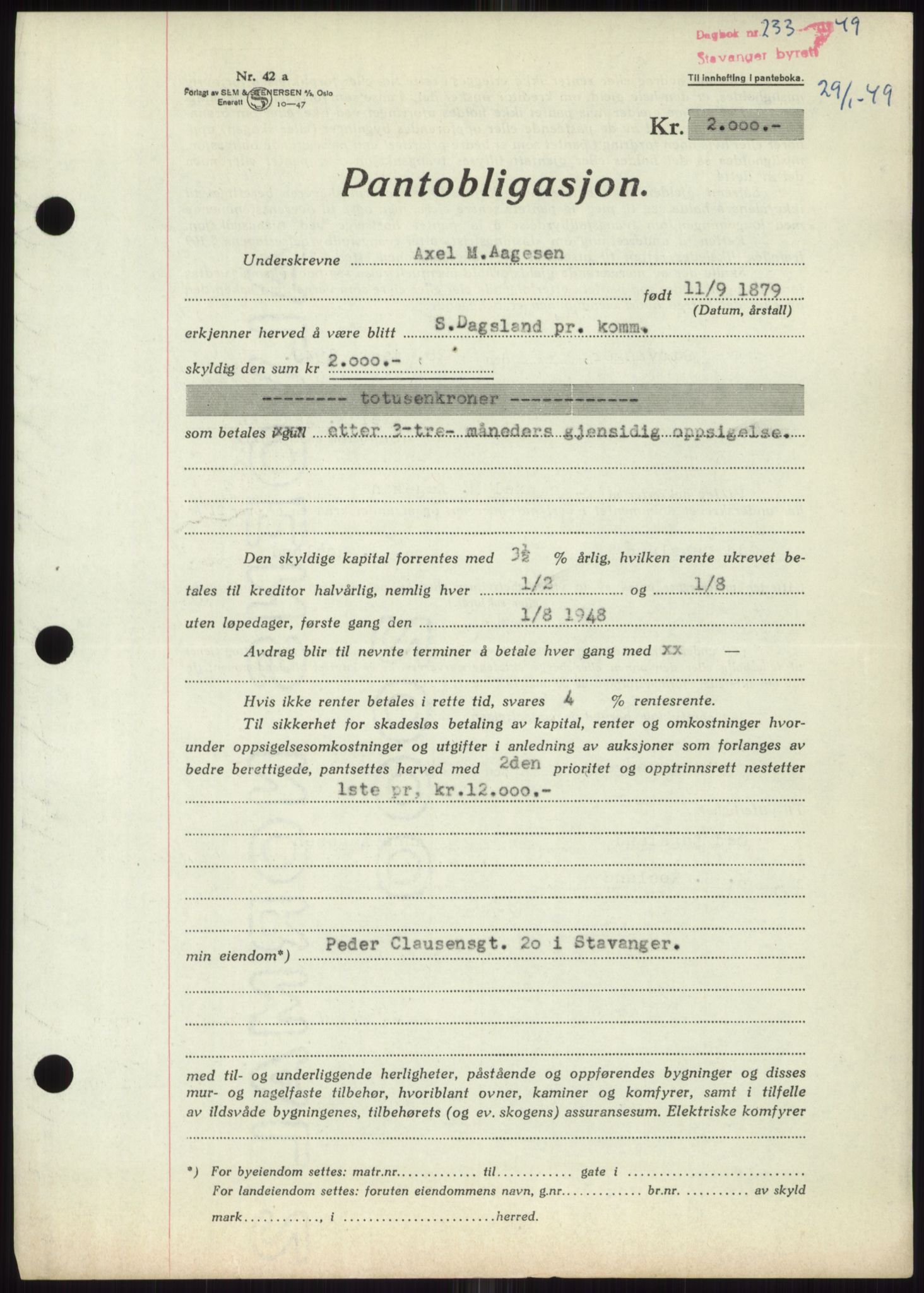 Stavanger byrett, SAST/A-100455/002/G/Gb/L0032: Pantebok, 1947-1950, Dagboknr: 233/1949