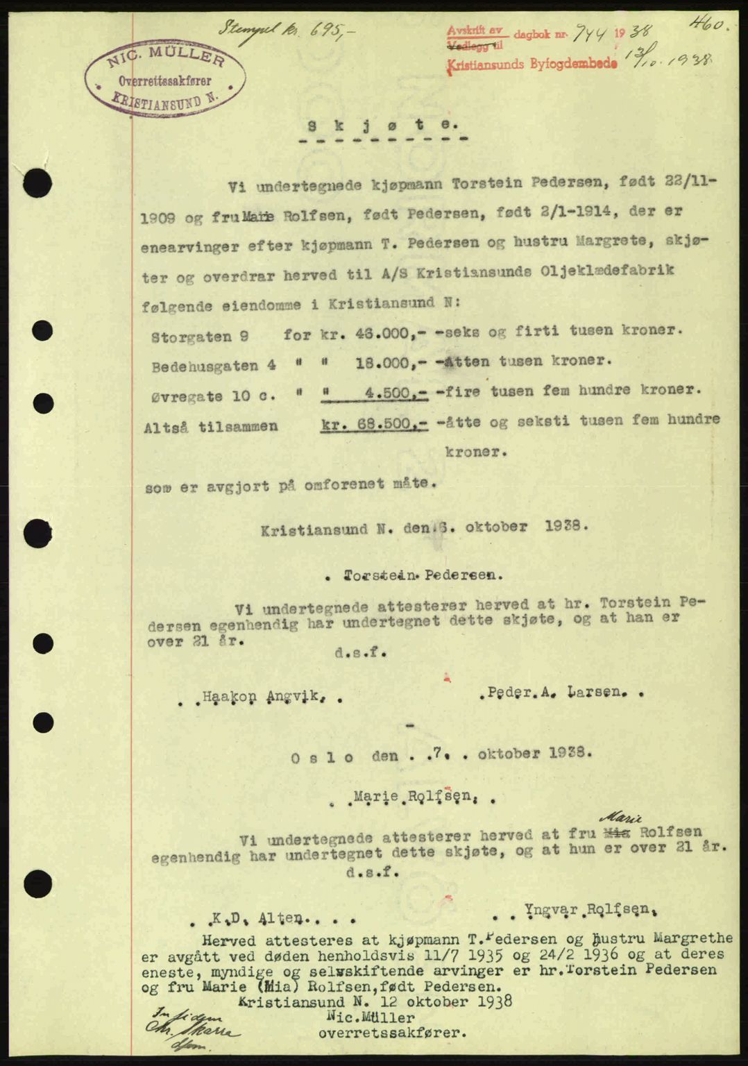 Kristiansund byfogd, AV/SAT-A-4587/A/27: Pantebok nr. 30, 1936-1941, Dagboknr: 744/1938