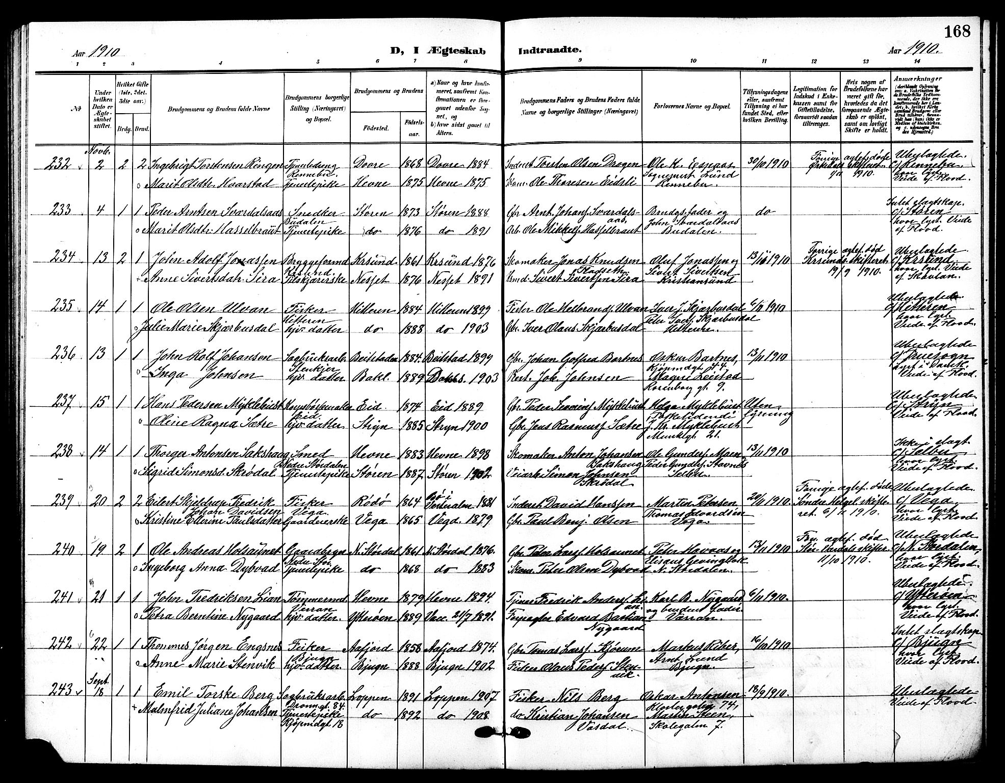 Ministerialprotokoller, klokkerbøker og fødselsregistre - Sør-Trøndelag, AV/SAT-A-1456/601/L0095: Klokkerbok nr. 601C13, 1902-1911, s. 168