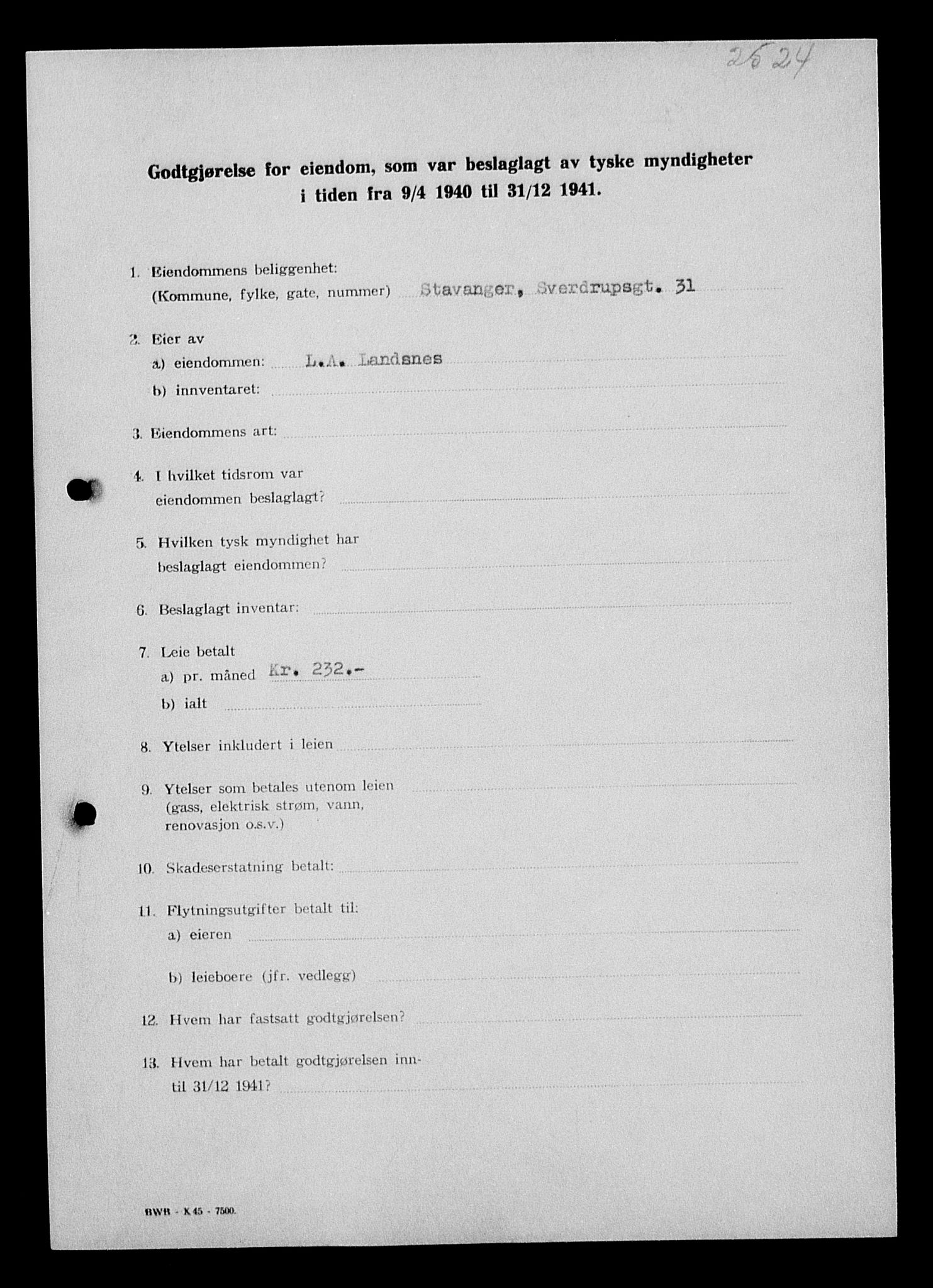 Justisdepartementet, Tilbakeføringskontoret for inndratte formuer, AV/RA-S-1564/I/L1014: Godtgjørelse for beslaglagt eiendom, 1940-1941, s. 74