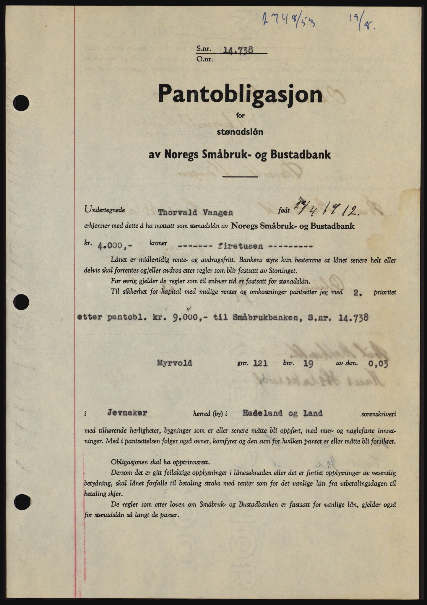 Hadeland og Land tingrett, SAH/TING-010/H/Hb/Hbc/L0027: Pantebok nr. B27, 1953-1953, Dagboknr: 2748/1953