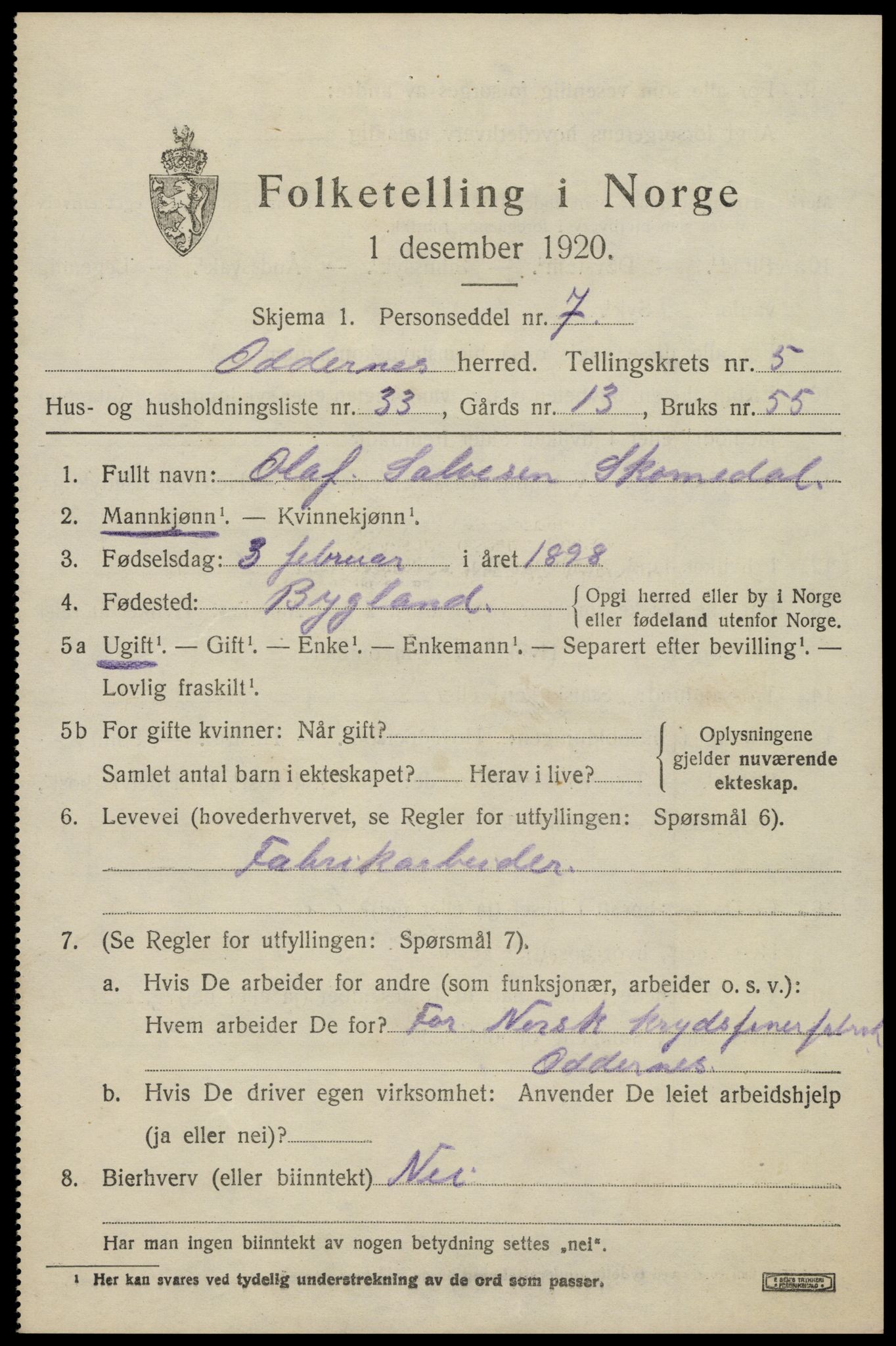 SAK, Folketelling 1920 for 1012 Oddernes herred, 1920, s. 4657