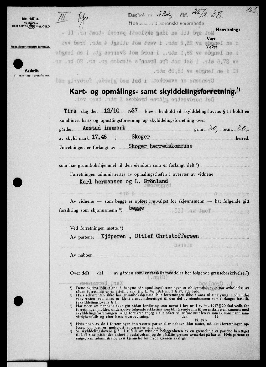 Holmestrand sorenskriveri, SAKO/A-67/G/Ga/Gaa/L0049: Pantebok nr. A-49, 1937-1938, Dagboknr: 232/1938