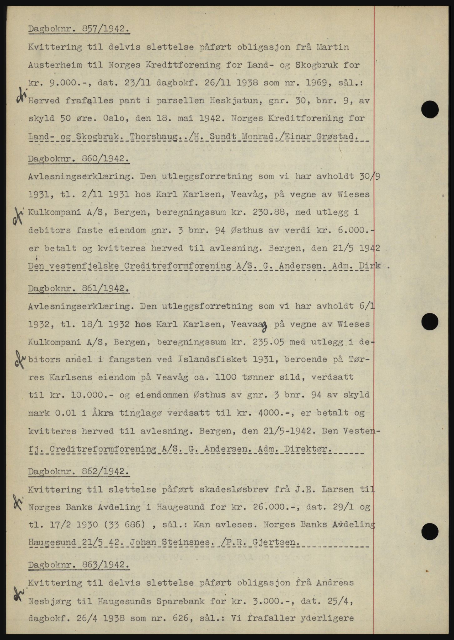 Karmsund sorenskriveri, SAST/A-100311/01/II/IIBBE/L0008: Pantebok nr. B 54, 1942-1943, Dagboknr: 857/1942