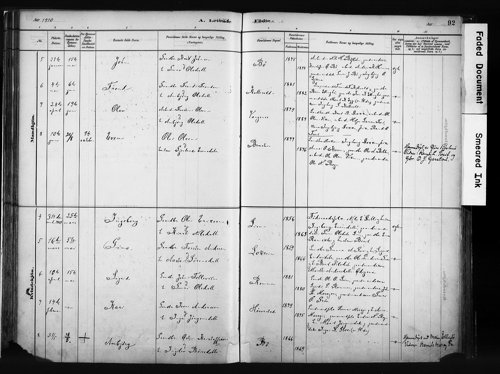 Vang prestekontor, Valdres, AV/SAH-PREST-140/H/Ha/L0008: Ministerialbok nr. 8, 1882-1910, s. 92