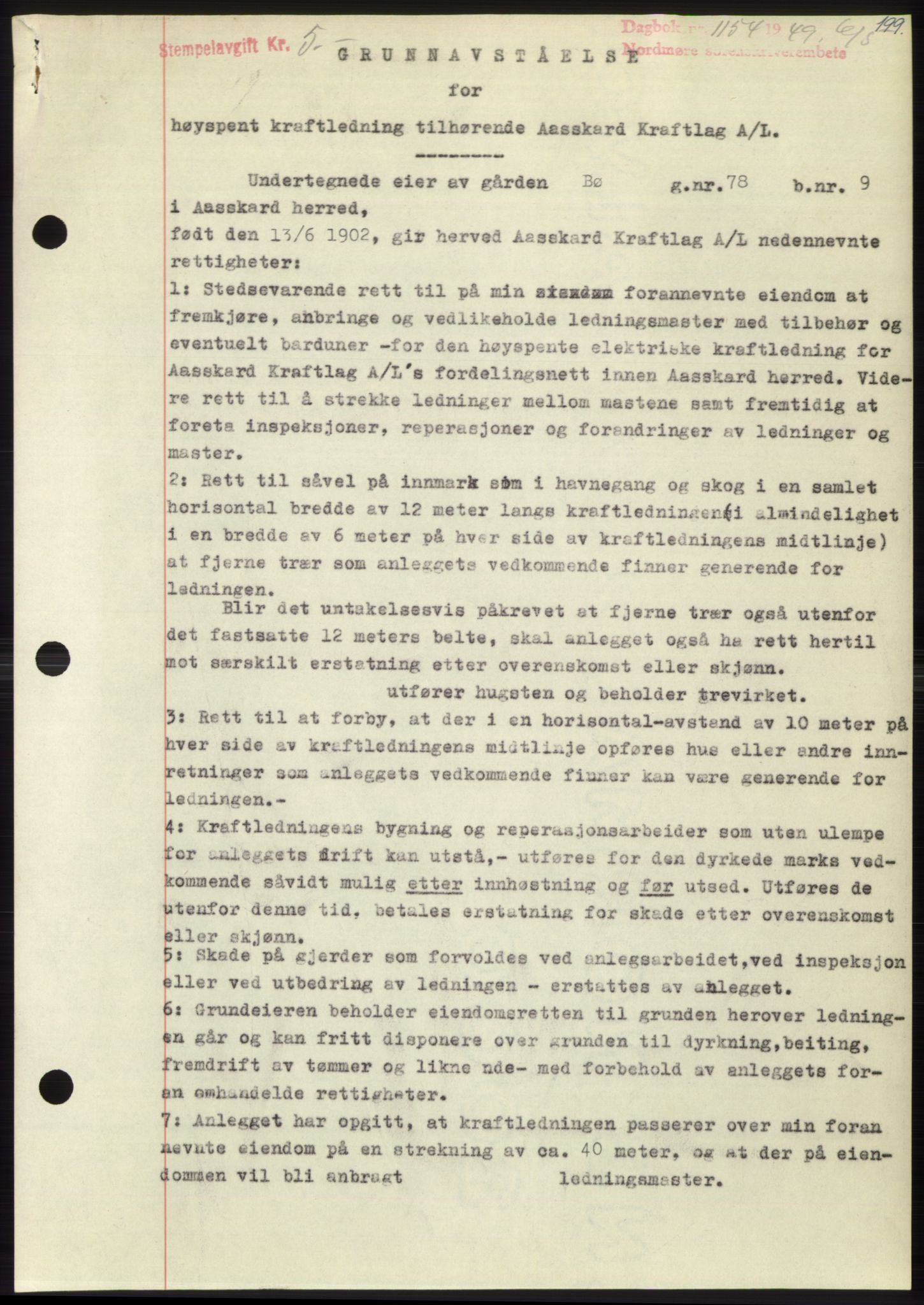 Nordmøre sorenskriveri, SAT/A-4132/1/2/2Ca: Pantebok nr. B101, 1949-1949, Dagboknr: 1154/1949