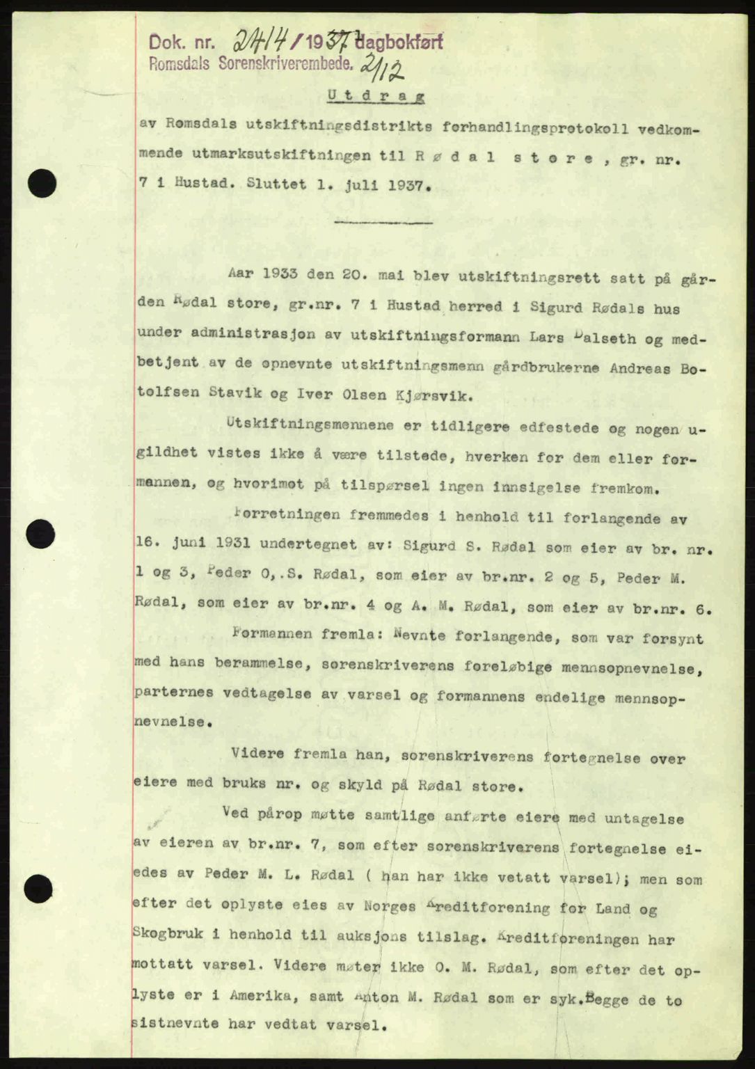 Romsdal sorenskriveri, SAT/A-4149/1/2/2C: Pantebok nr. A4, 1937-1938, Dagboknr: 2414/1937