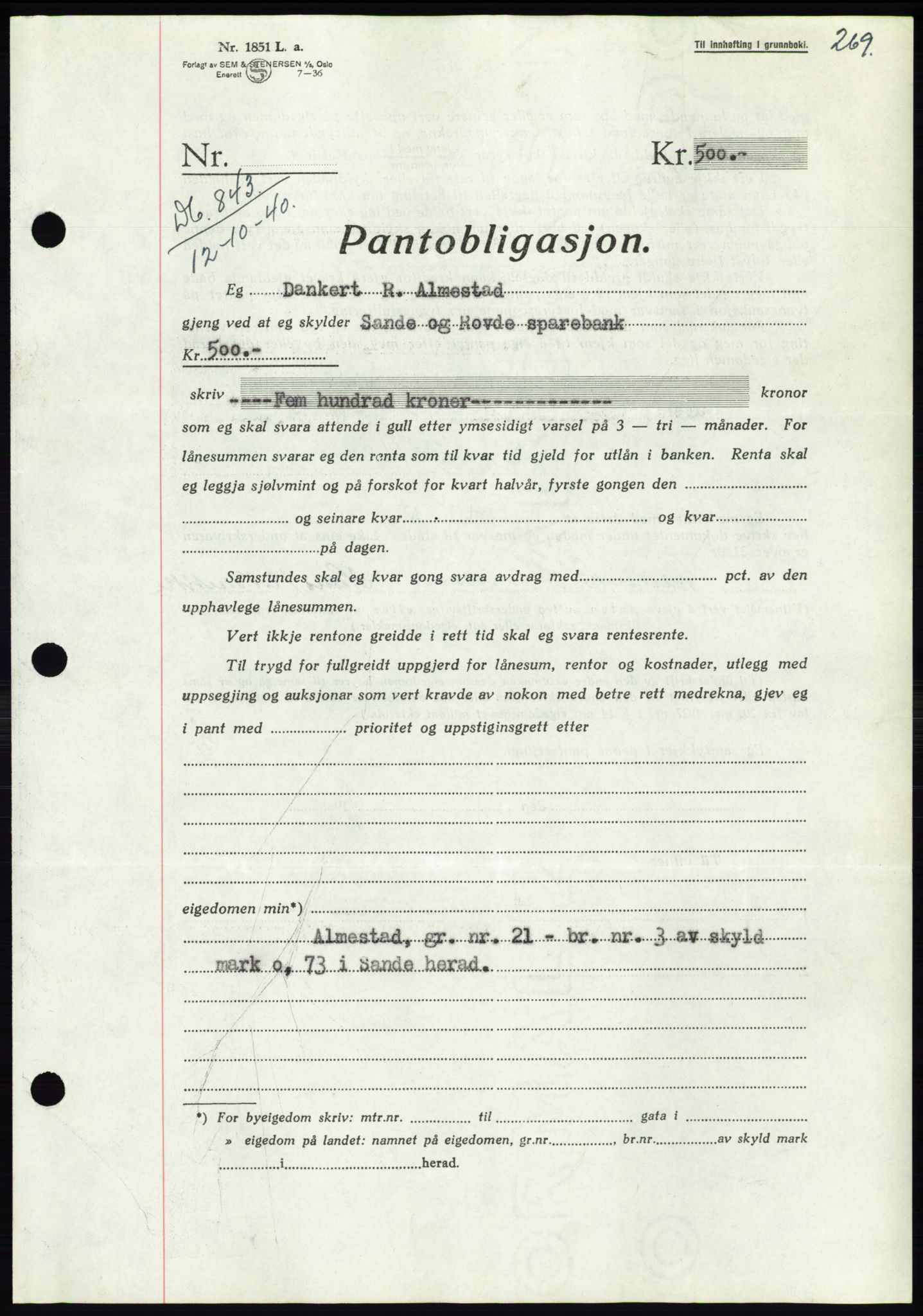 Søre Sunnmøre sorenskriveri, AV/SAT-A-4122/1/2/2C/L0070: Pantebok nr. 64, 1940-1941, Dagboknr: 843/1940