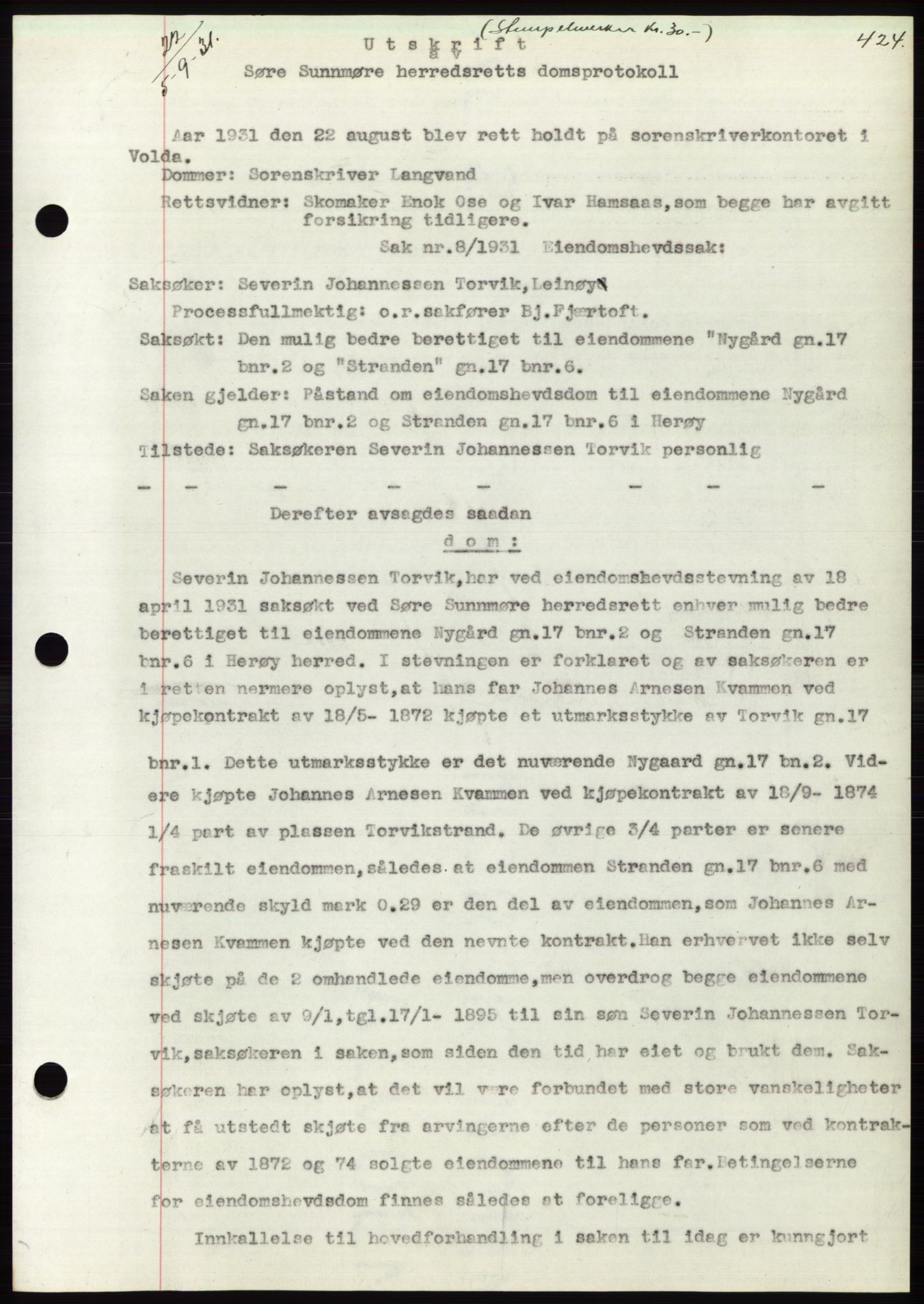 Søre Sunnmøre sorenskriveri, AV/SAT-A-4122/1/2/2C/L0052: Pantebok nr. 46, 1931-1931, Tingl.dato: 05.09.1931