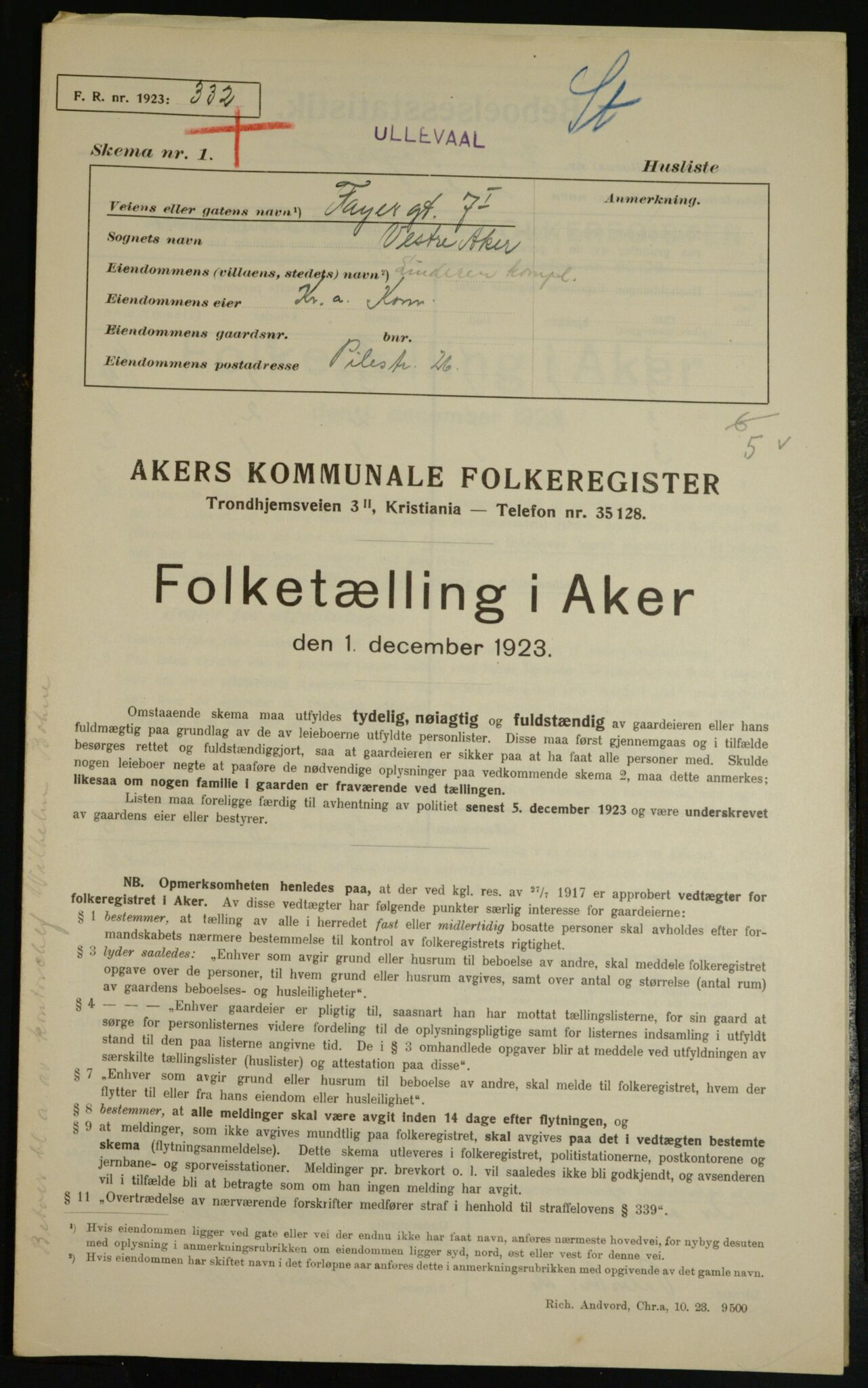 , Kommunal folketelling 1.12.1923 for Aker, 1923, s. 9281