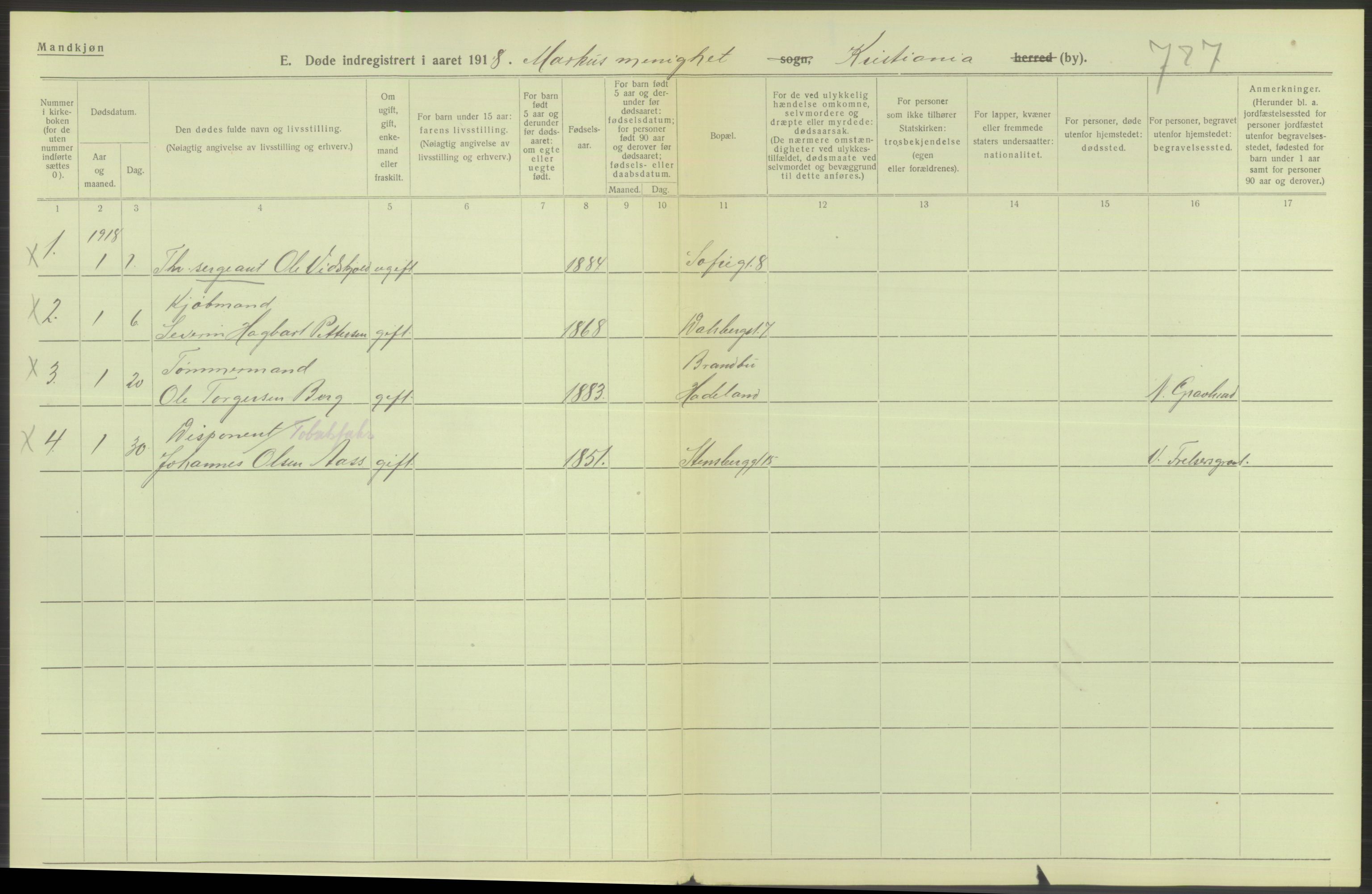 Statistisk sentralbyrå, Sosiodemografiske emner, Befolkning, AV/RA-S-2228/D/Df/Dfb/Dfbh/L0010: Kristiania: Døde, 1918, s. 404