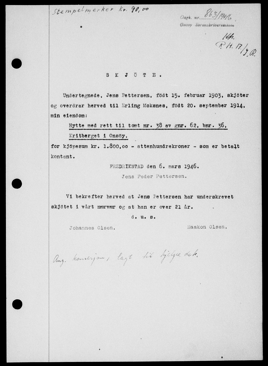 Onsøy sorenskriveri, SAO/A-10474/G/Ga/Gab/L0016: Pantebok nr. II A-16, 1946-1946, Dagboknr: 863/1946