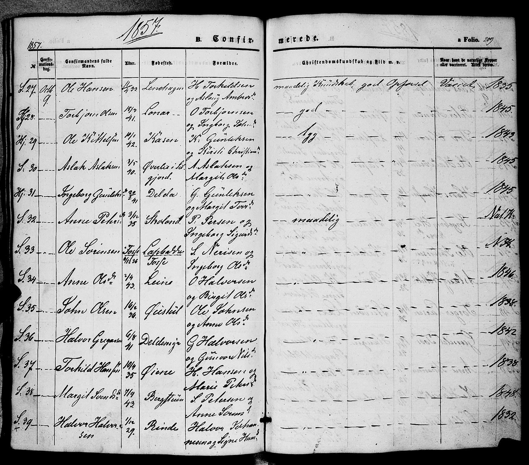 Hjartdal kirkebøker, AV/SAKO-A-270/F/Fa/L0008: Ministerialbok nr. I 8, 1844-1859, s. 209